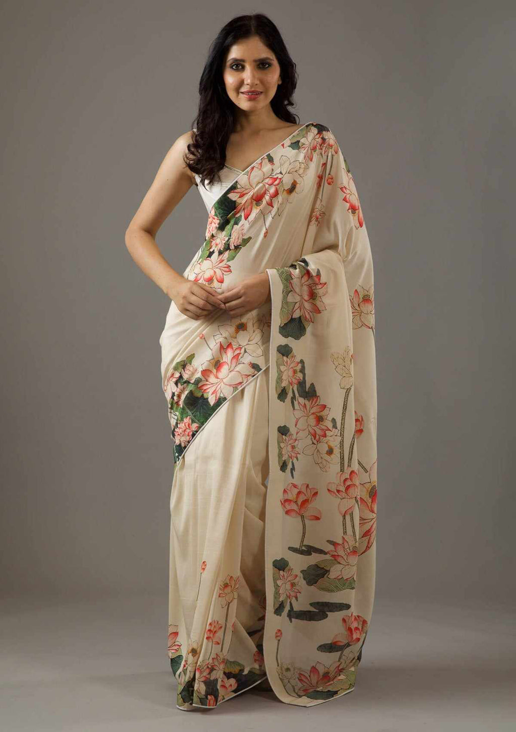 Ivory Cream Bright Moss Digital Printed Saree | Designer Party Wear Couture Ensemble