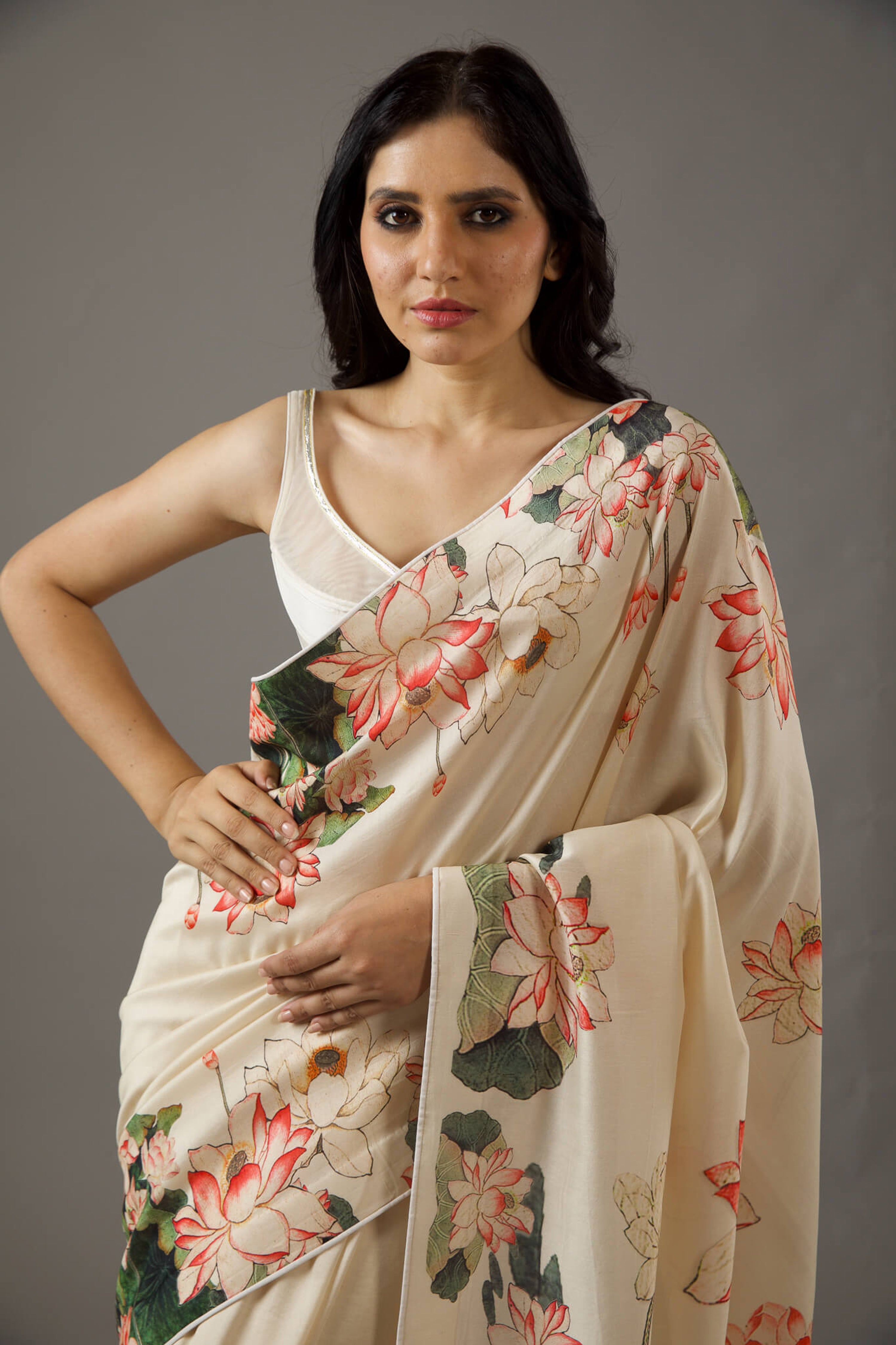 Ivory Cream Bright Moss Digital Printed Saree | Designer Party Wear Couture Ensemble