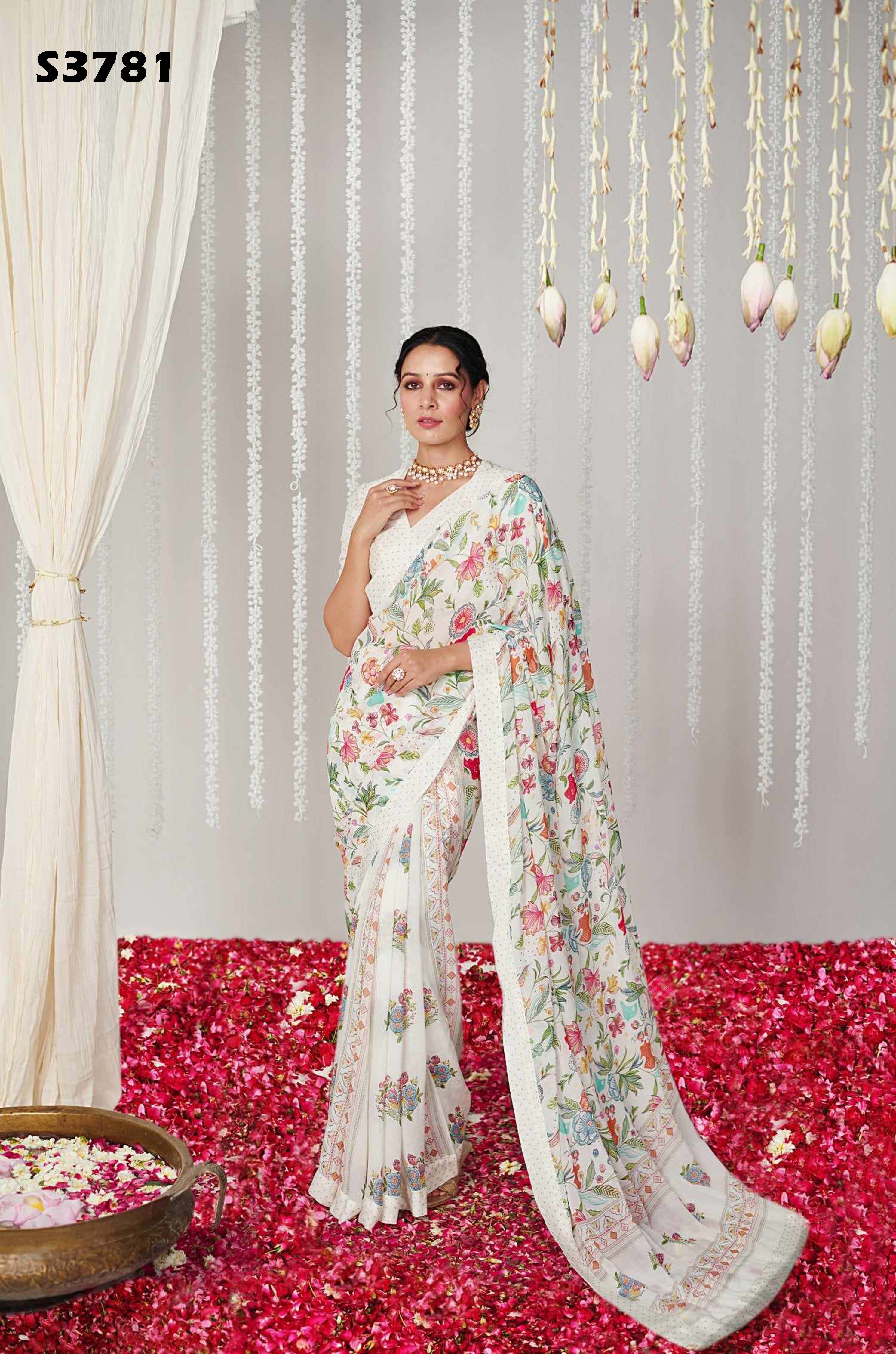 Pearl Off White Bright Moss Digital Printed Saree | Designer Party Wear Couture Ensemble