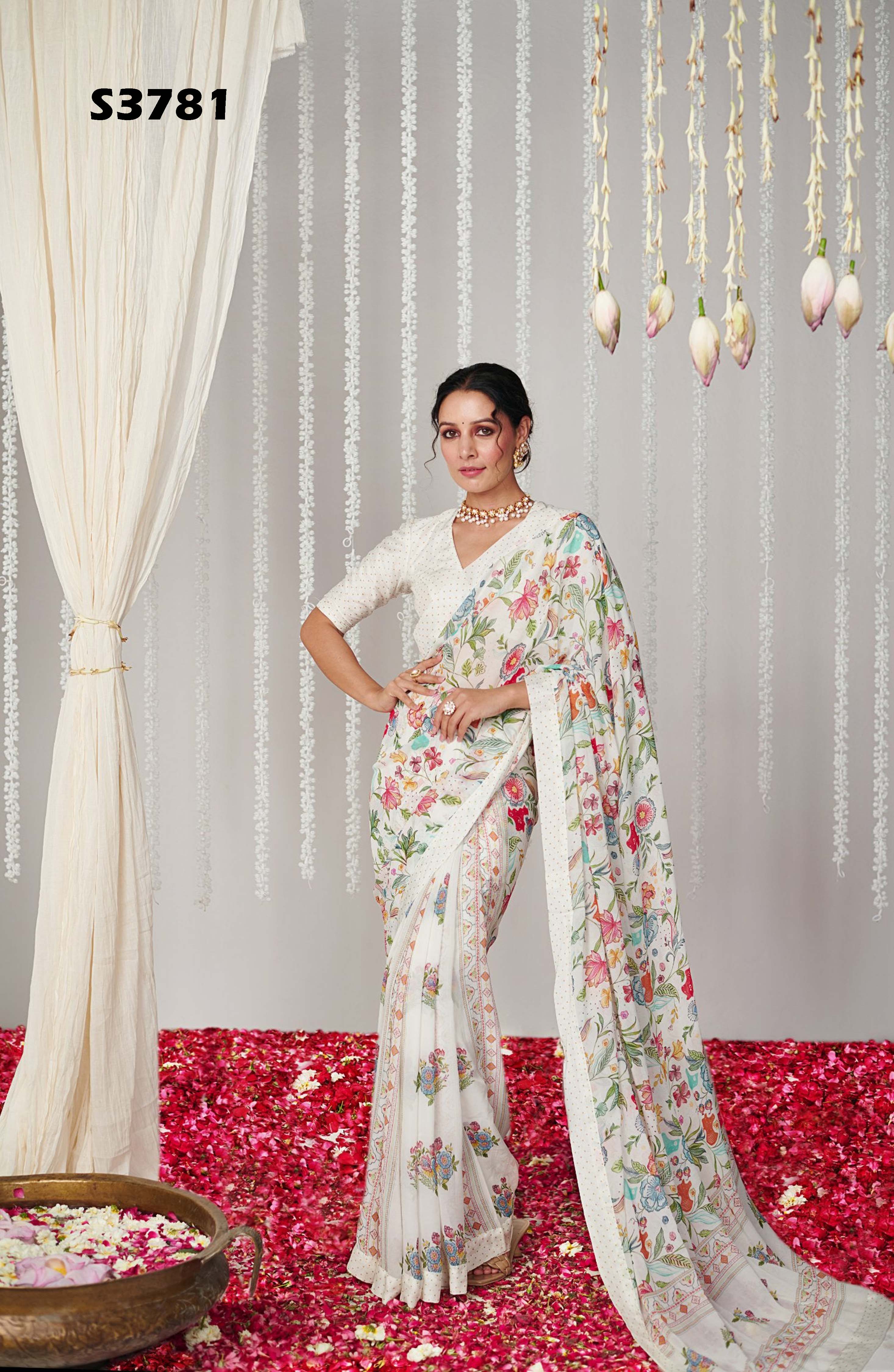 Pearl Off White Bright Moss Digital Printed Saree | Designer Party Wear Couture Ensemble