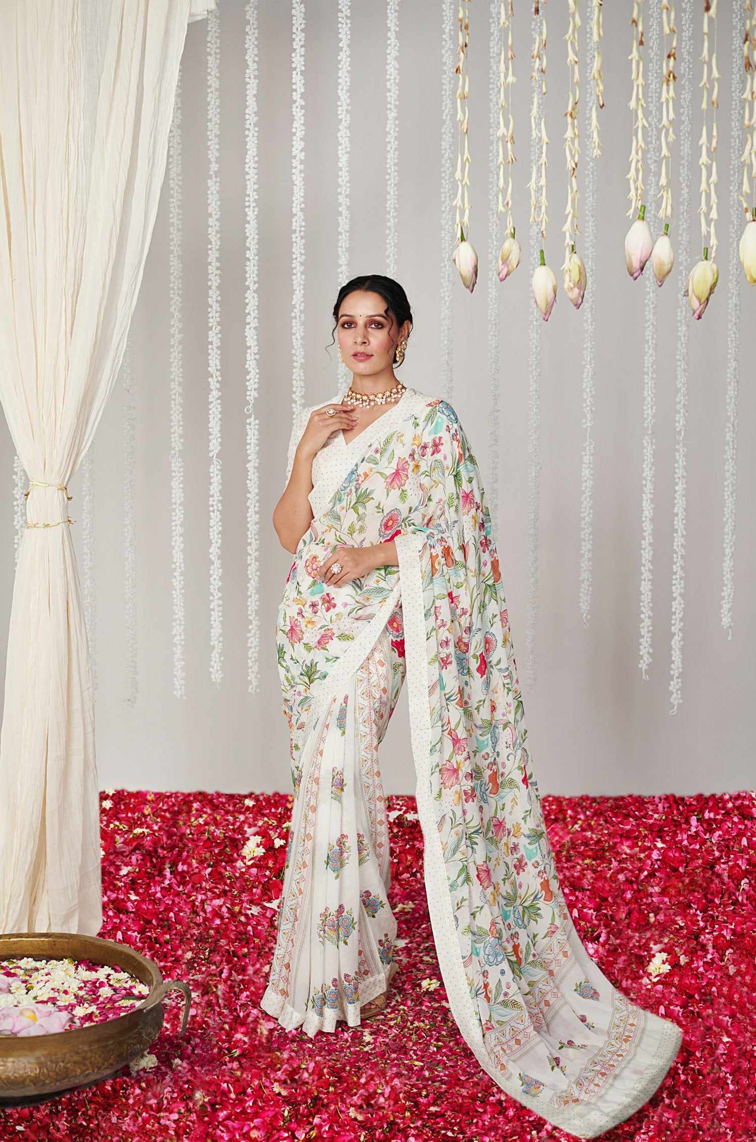 Pearl Off White Bright Moss Digital Printed Saree | Designer Party Wear Couture Ensemble