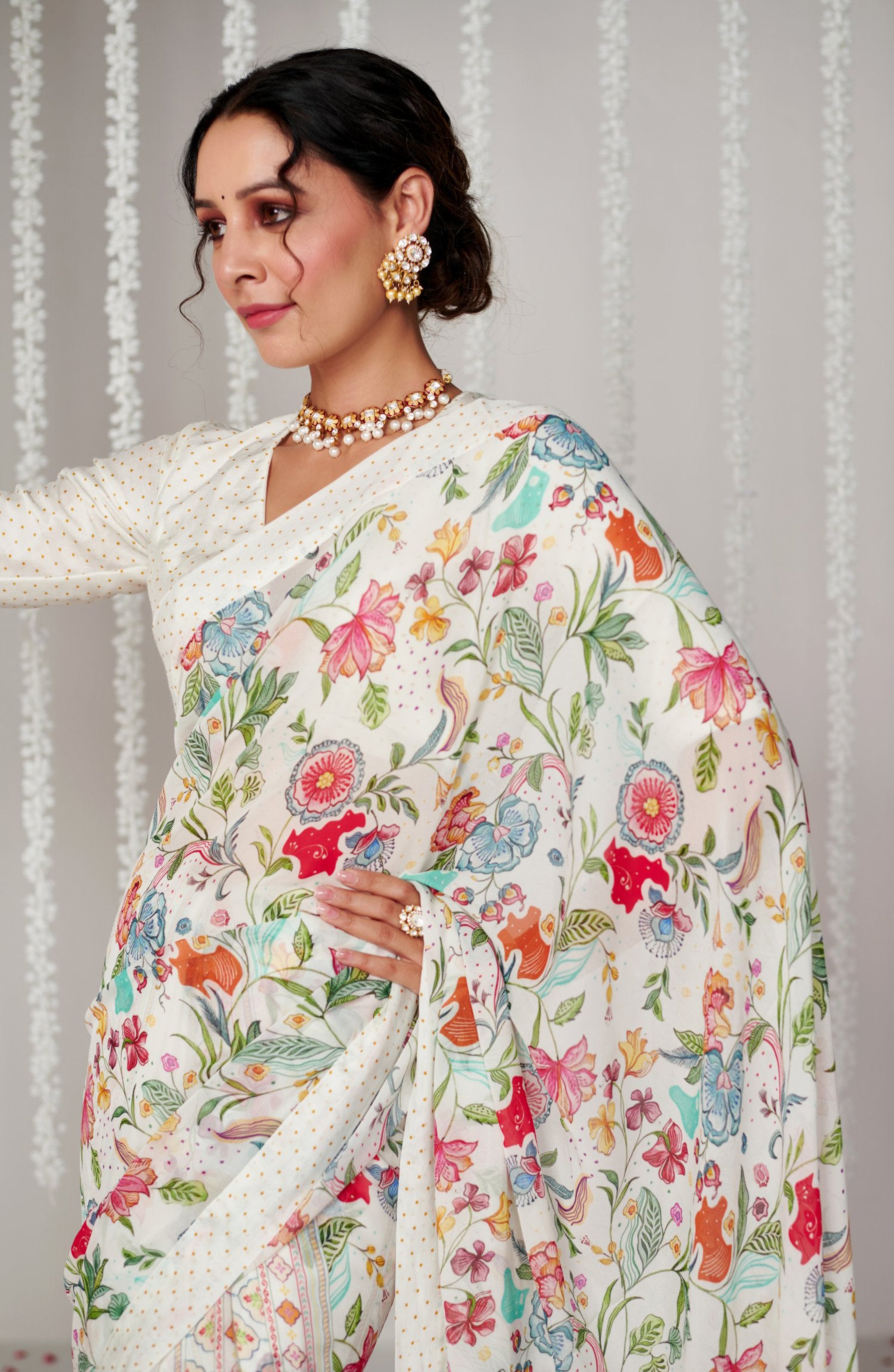 Pearl Off White Bright Moss Digital Printed Saree | Designer Party Wear Couture Ensemble