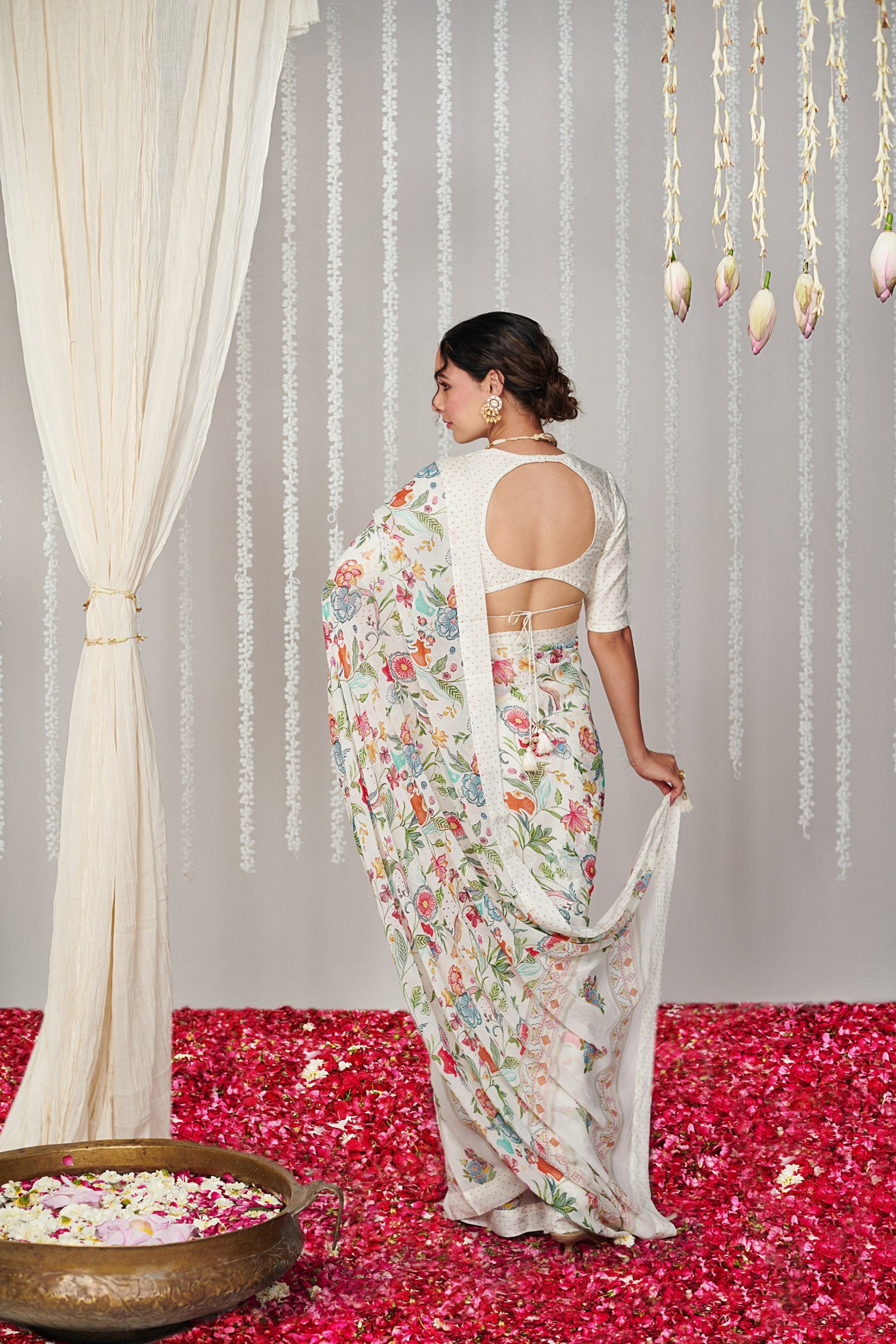 Pearl Off White Bright Moss Digital Printed Saree | Designer Party Wear Couture Ensemble