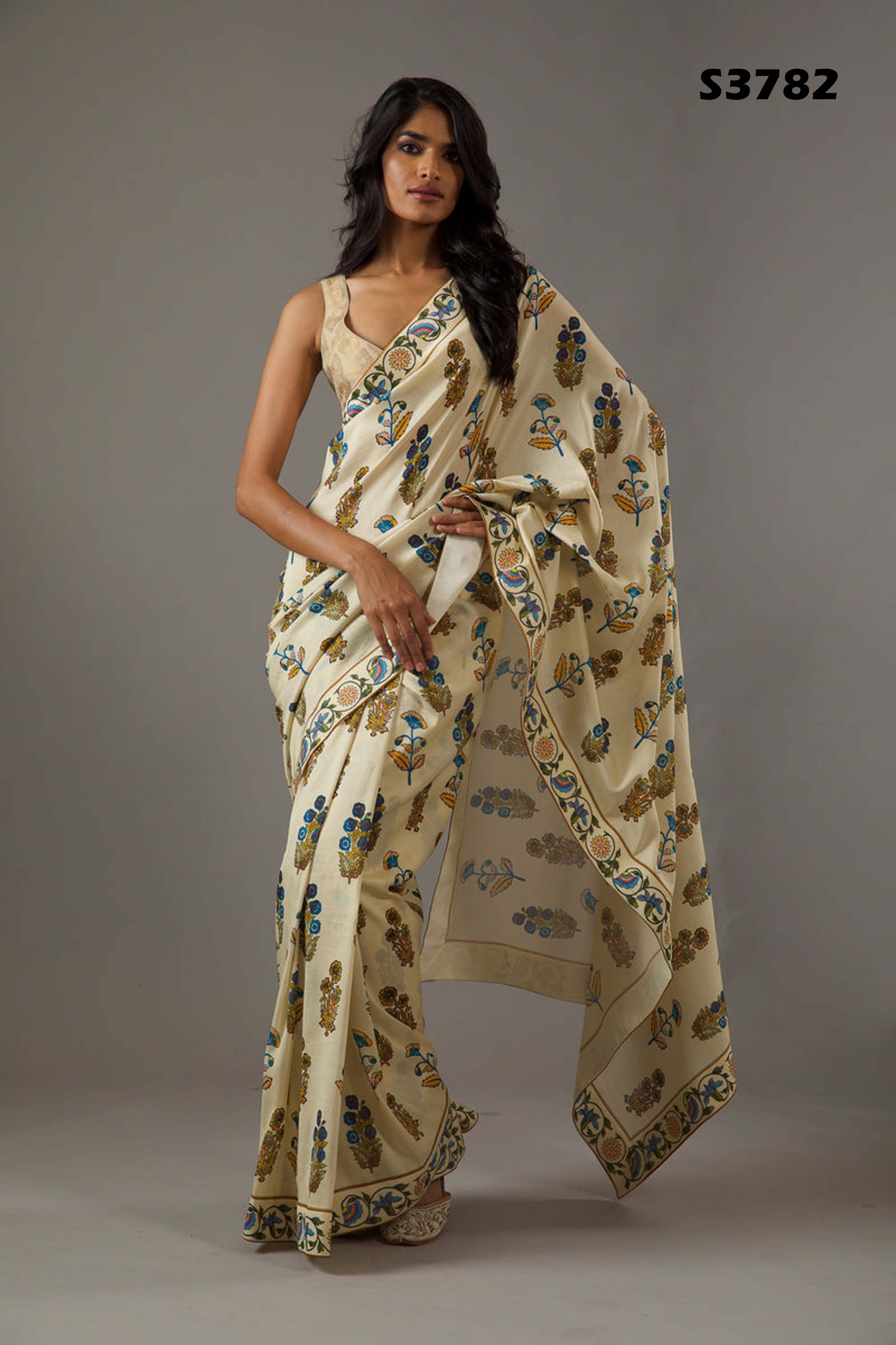 Warm Beige Bright Moss Digital Printed Saree | Designer Party Wear Couture Ensemble