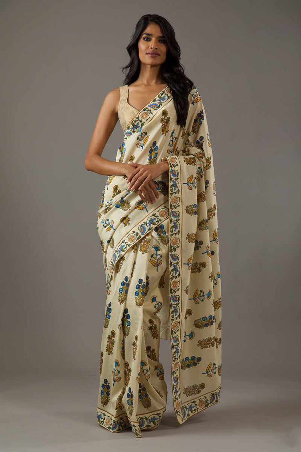 Warm Beige Bright Moss Digital Printed Saree | Designer Party Wear Couture Ensemble