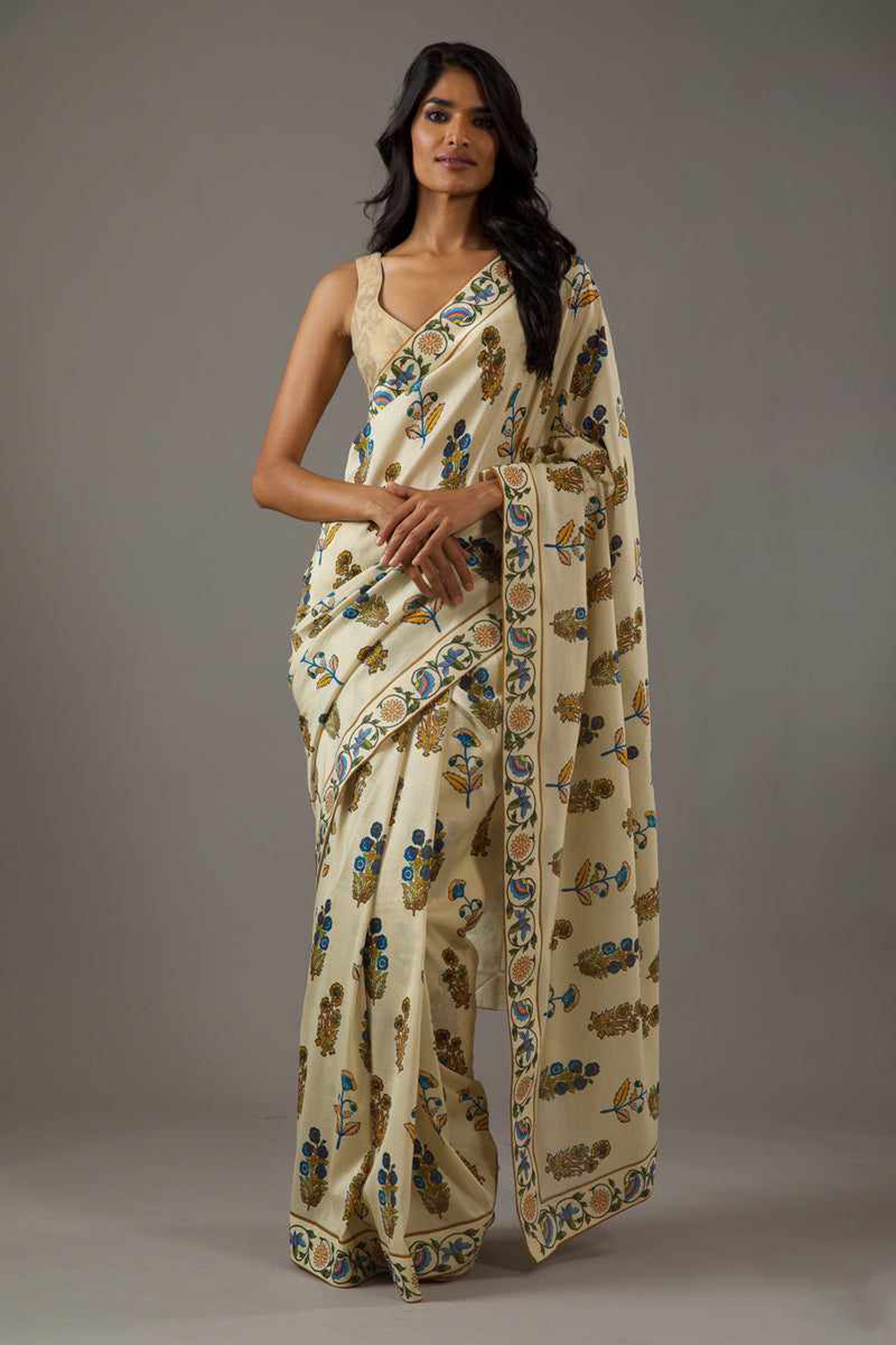 Warm Beige Bright Moss Digital Printed Saree | Designer Party Wear Couture Ensemble