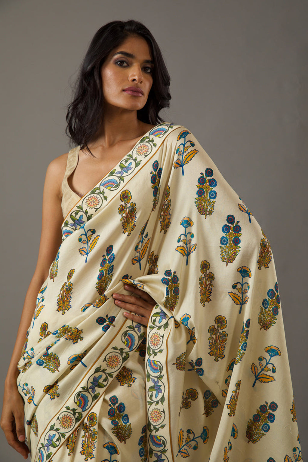 Warm Beige Bright Moss Digital Printed Saree | Designer Party Wear Couture Ensemble