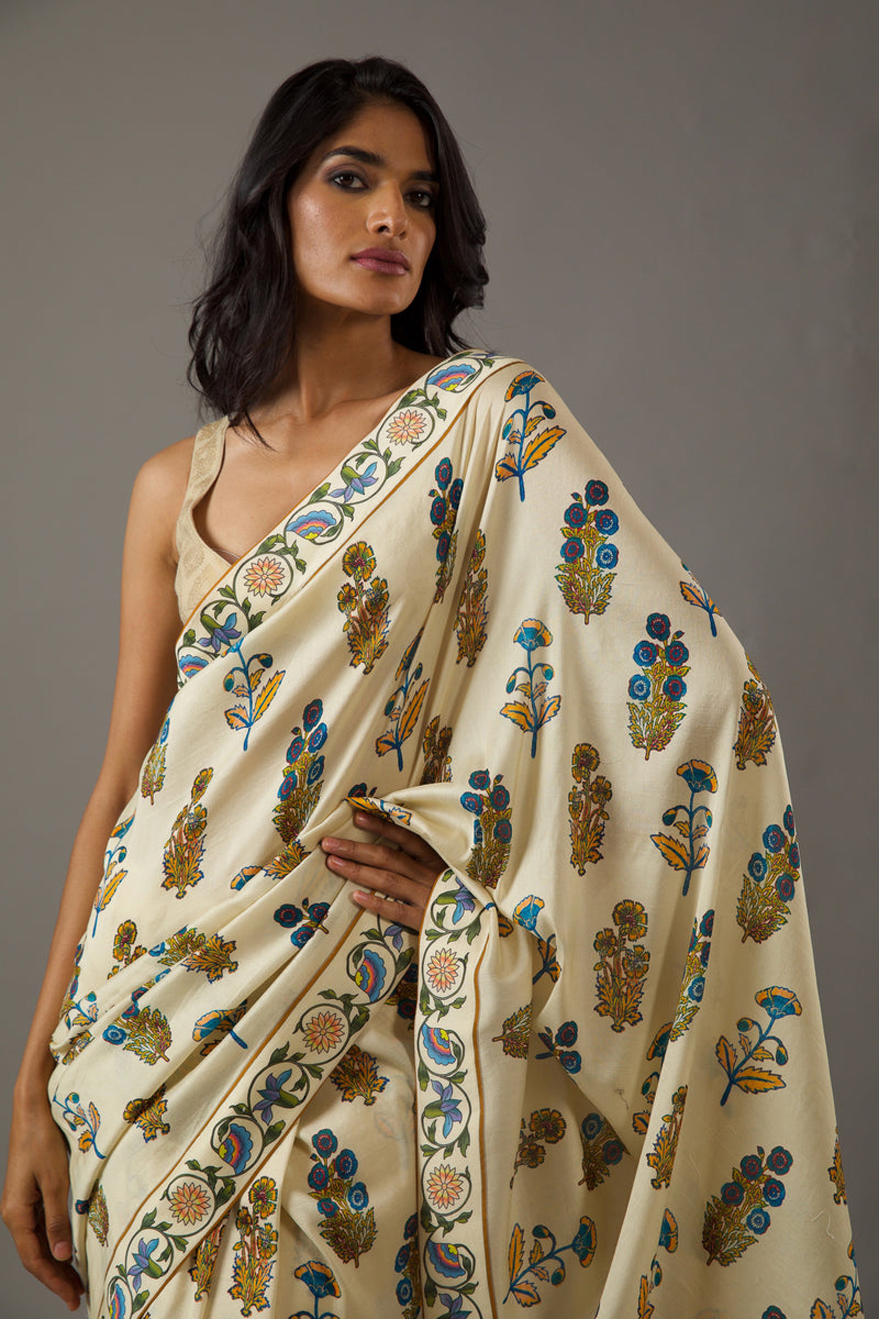 Warm Beige Bright Moss Digital Printed Saree | Designer Party Wear Couture Ensemble