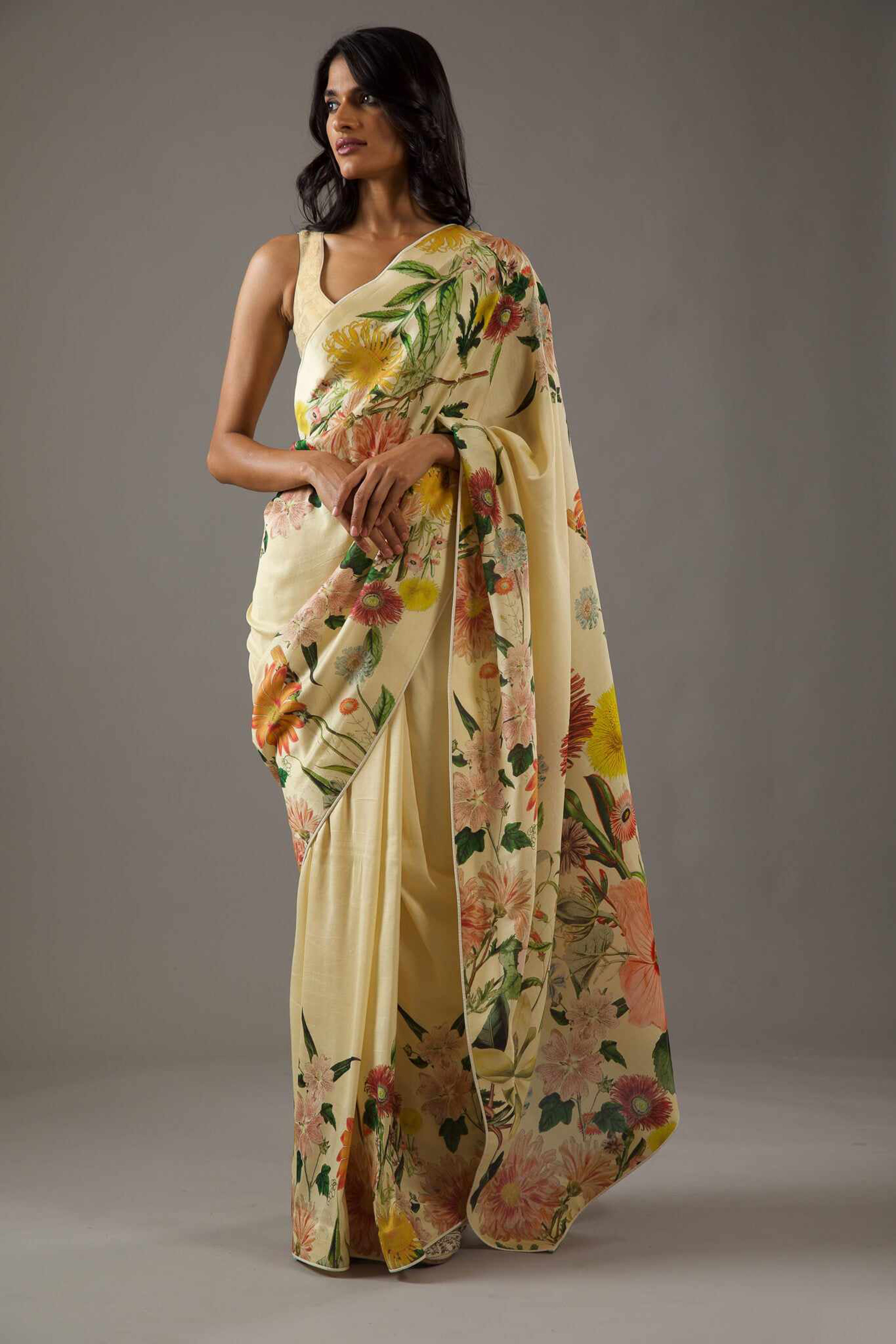 Sunshine Yellow Bright Moss Digital Printed Saree | Designer Party Wear Couture Ensemble