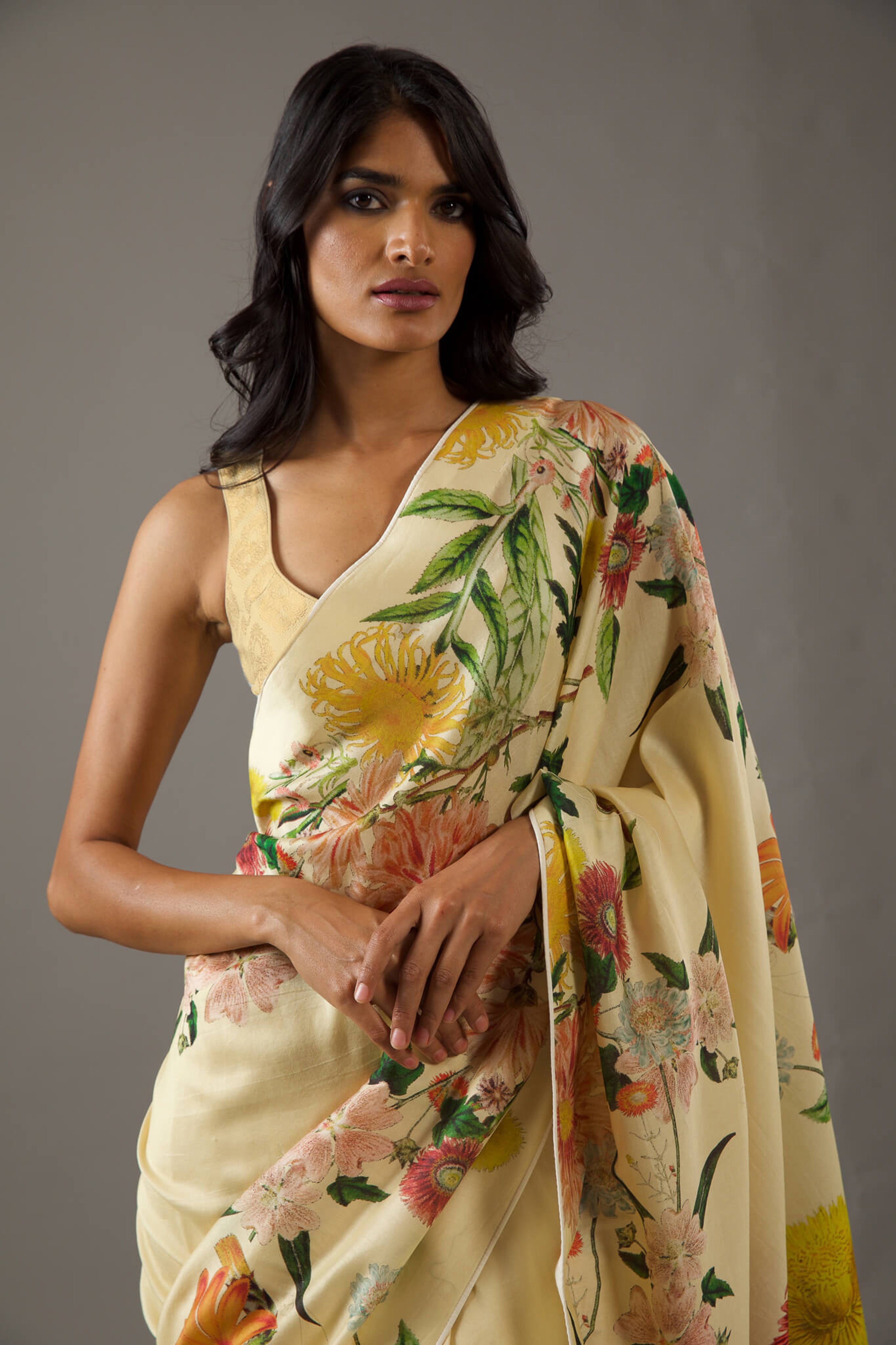 Sunshine Yellow Bright Moss Digital Printed Saree | Designer Party Wear Couture Ensemble