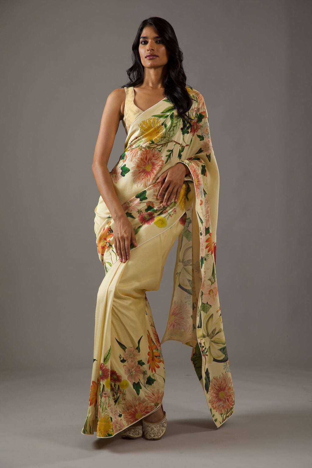 Sunshine Yellow Bright Moss Digital Printed Saree | Designer Party Wear Couture Ensemble