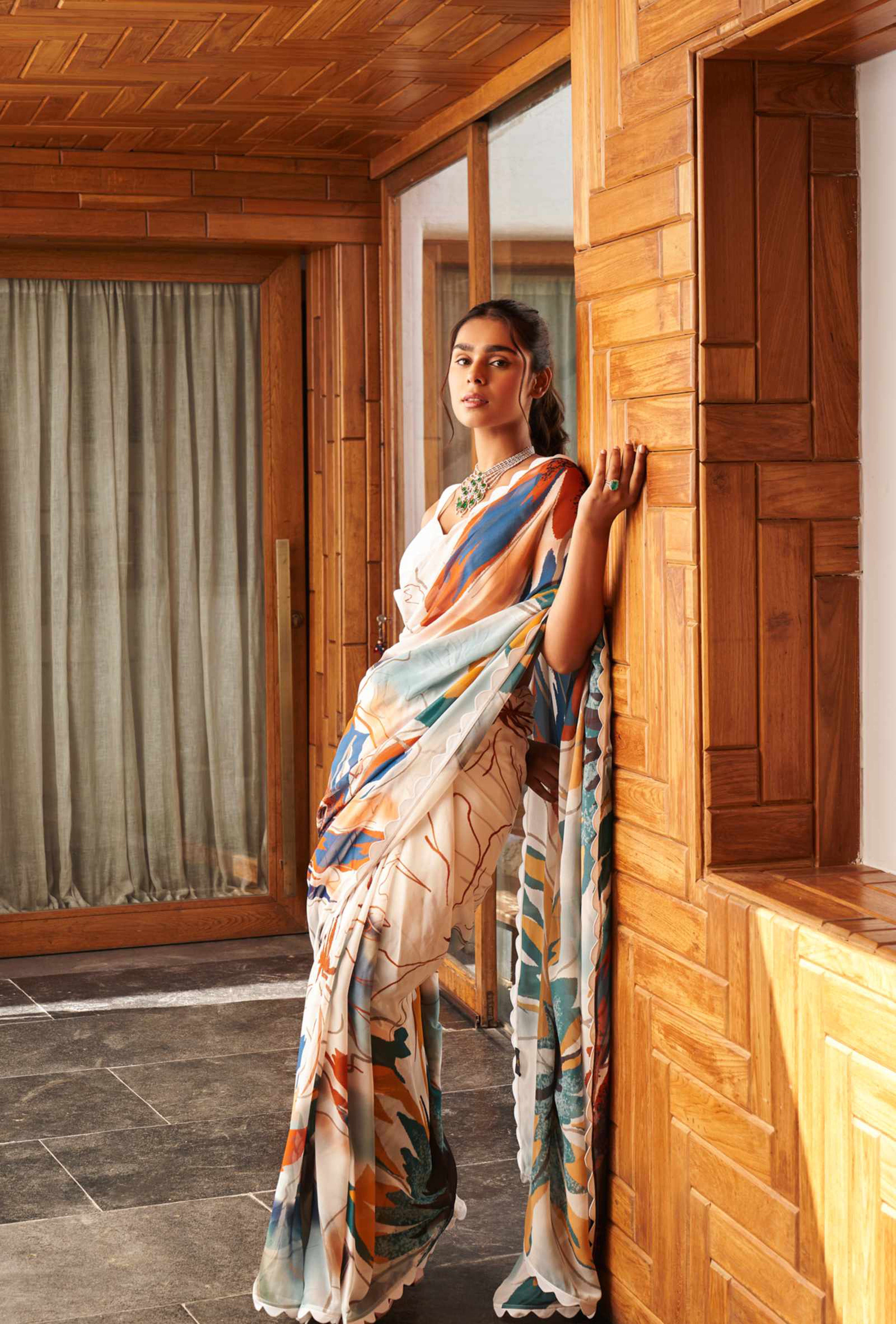 Lustrous Cream Bright Moss Digital Printed Saree | Designer Party Wear Couture Ensemble