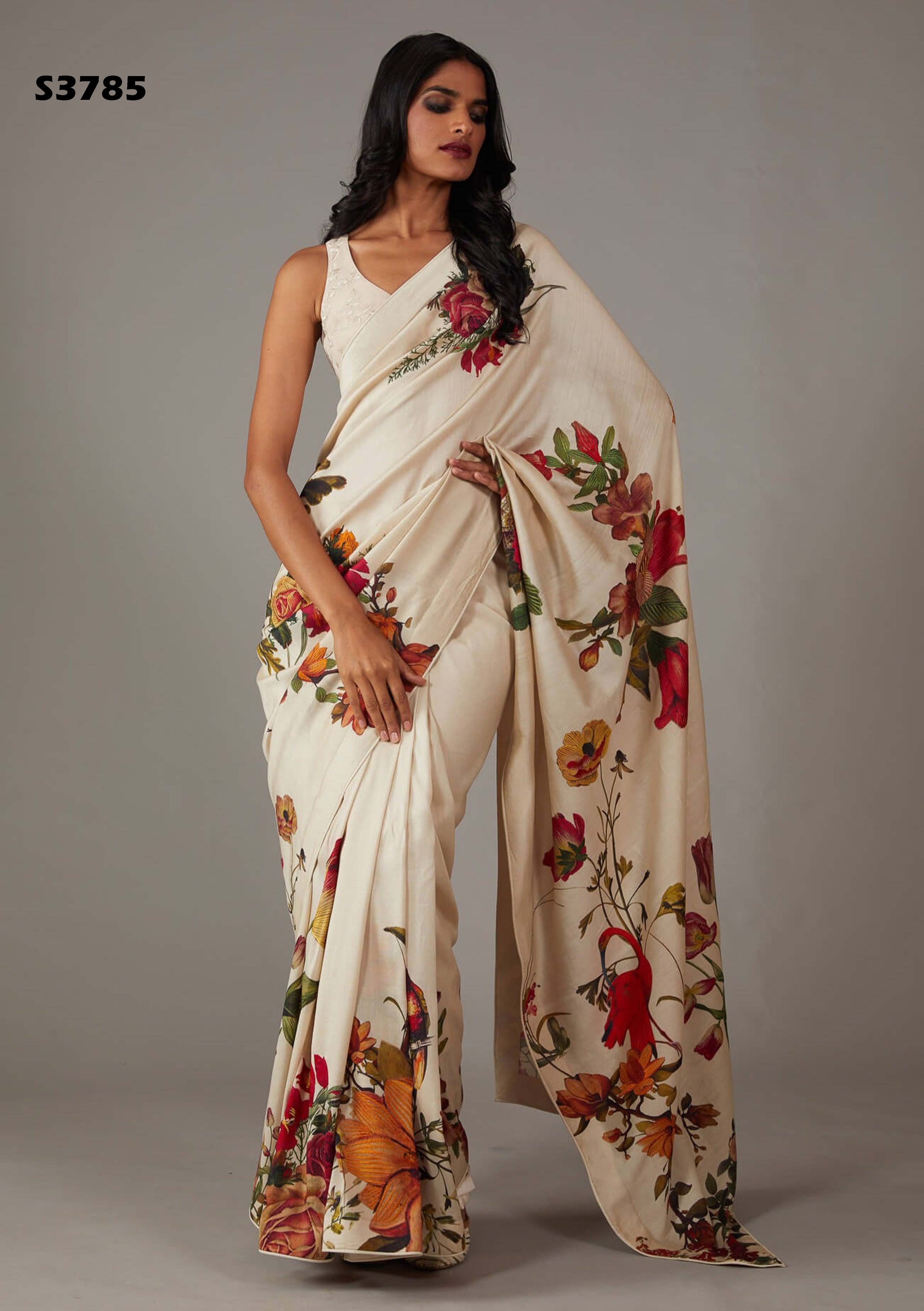 Ethereal Off White Bright Moss Digital Printed Saree | Designer Party Wear Couture Ensemble