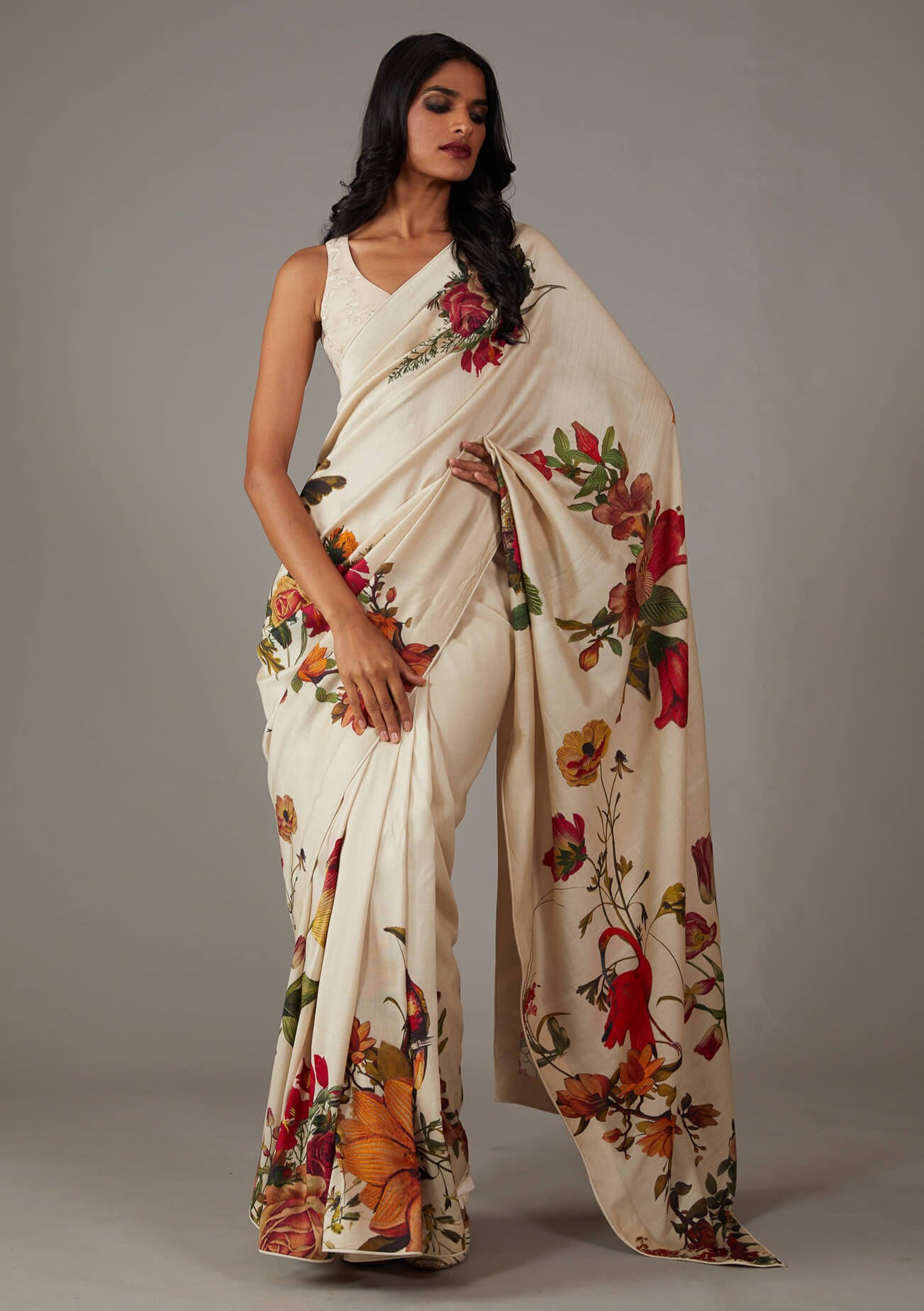 Ethereal Off White Bright Moss Digital Printed Saree | Designer Party Wear Couture Ensemble