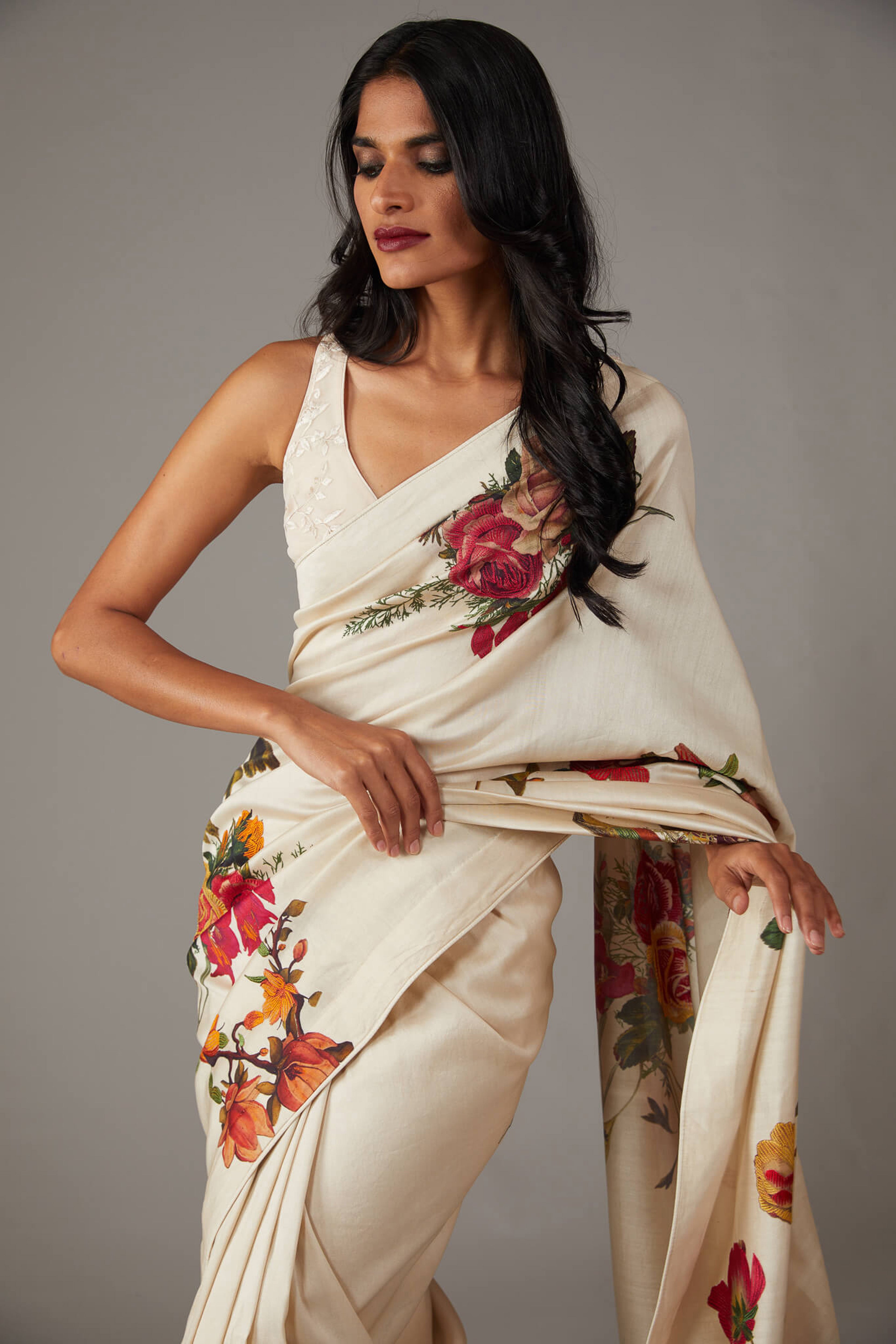 Ethereal Off White Bright Moss Digital Printed Saree | Designer Party Wear Couture Ensemble