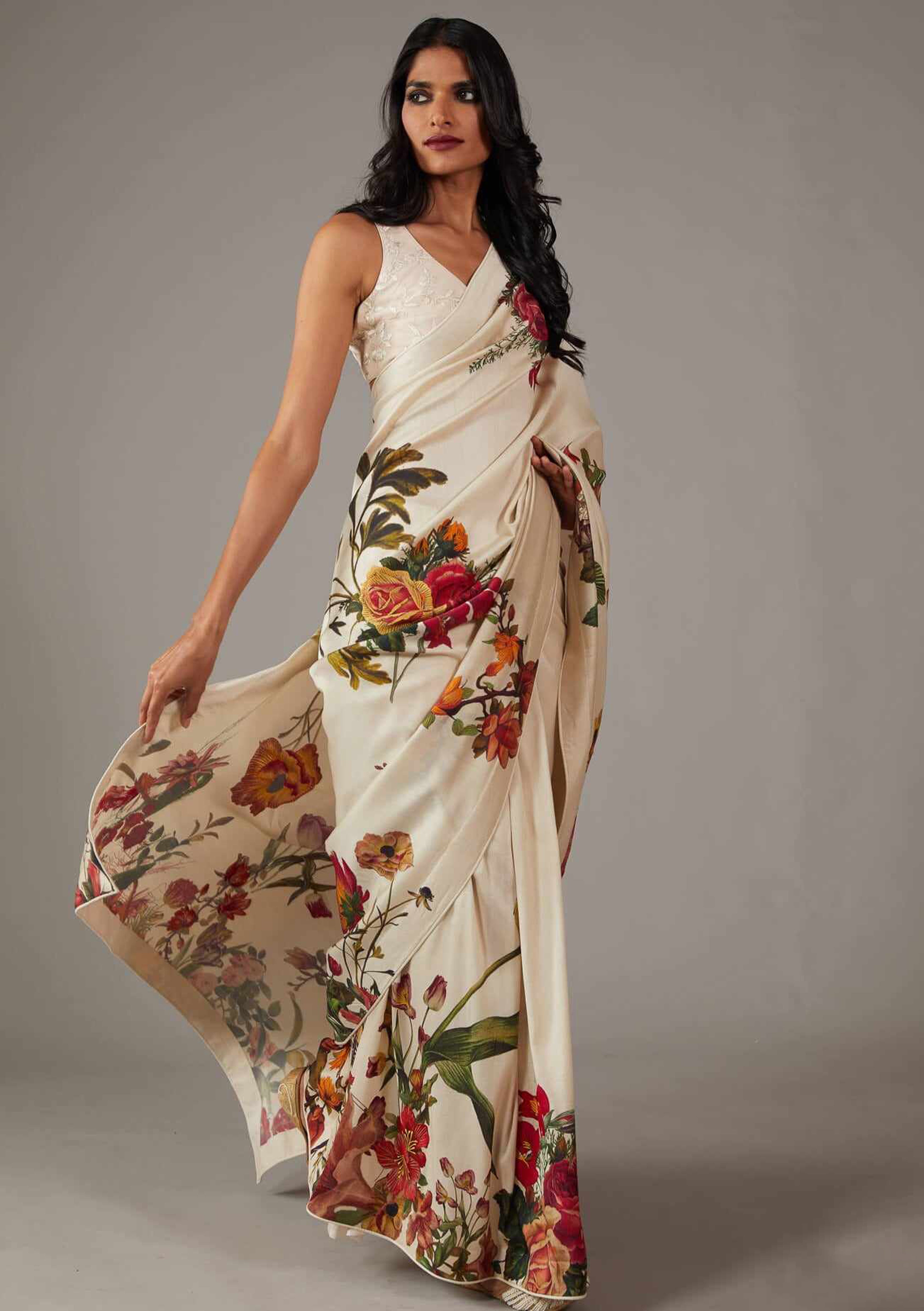 Ethereal Off White Bright Moss Digital Printed Saree | Designer Party Wear Couture Ensemble