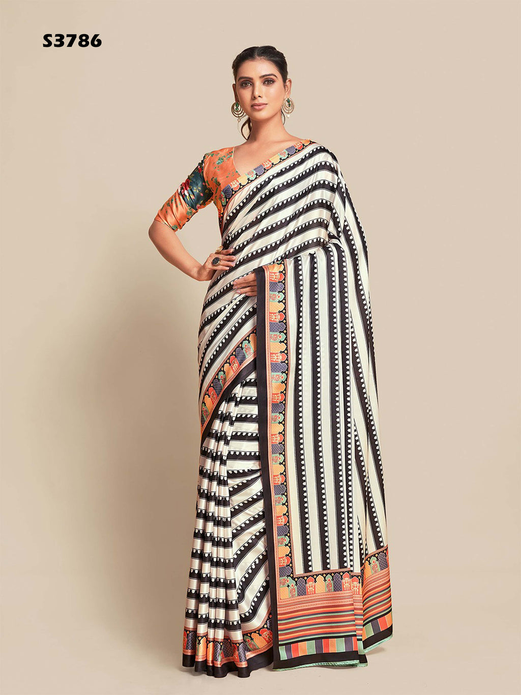 Midnight Black & Vibrant Orange Bright Moss Digital Printed Saree | Designer Contrast Blouse Couture Ensemble