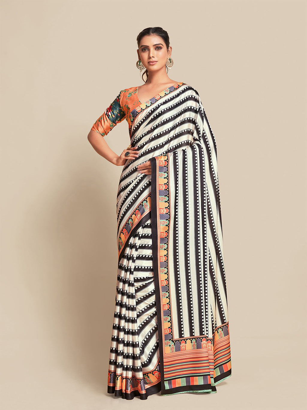 Midnight Black & Vibrant Orange Bright Moss Digital Printed Saree | Designer Contrast Blouse Couture Ensemble
