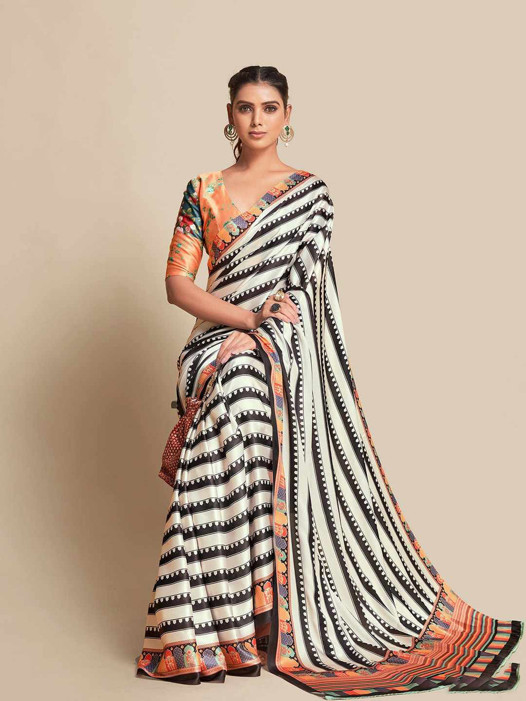 Midnight Black & Vibrant Orange Bright Moss Digital Printed Saree | Designer Contrast Blouse Couture Ensemble