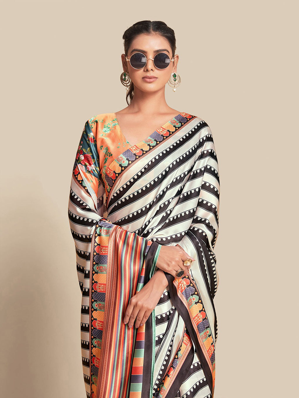 Midnight Black & Vibrant Orange Bright Moss Digital Printed Saree | Designer Contrast Blouse Couture Ensemble