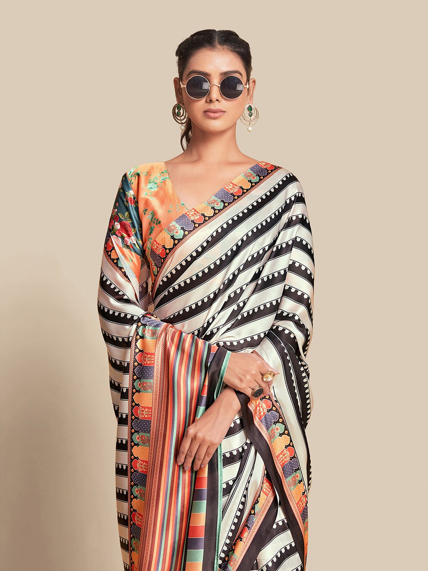 Midnight Black & Vibrant Orange Bright Moss Digital Printed Saree | Designer Contrast Blouse Couture Ensemble