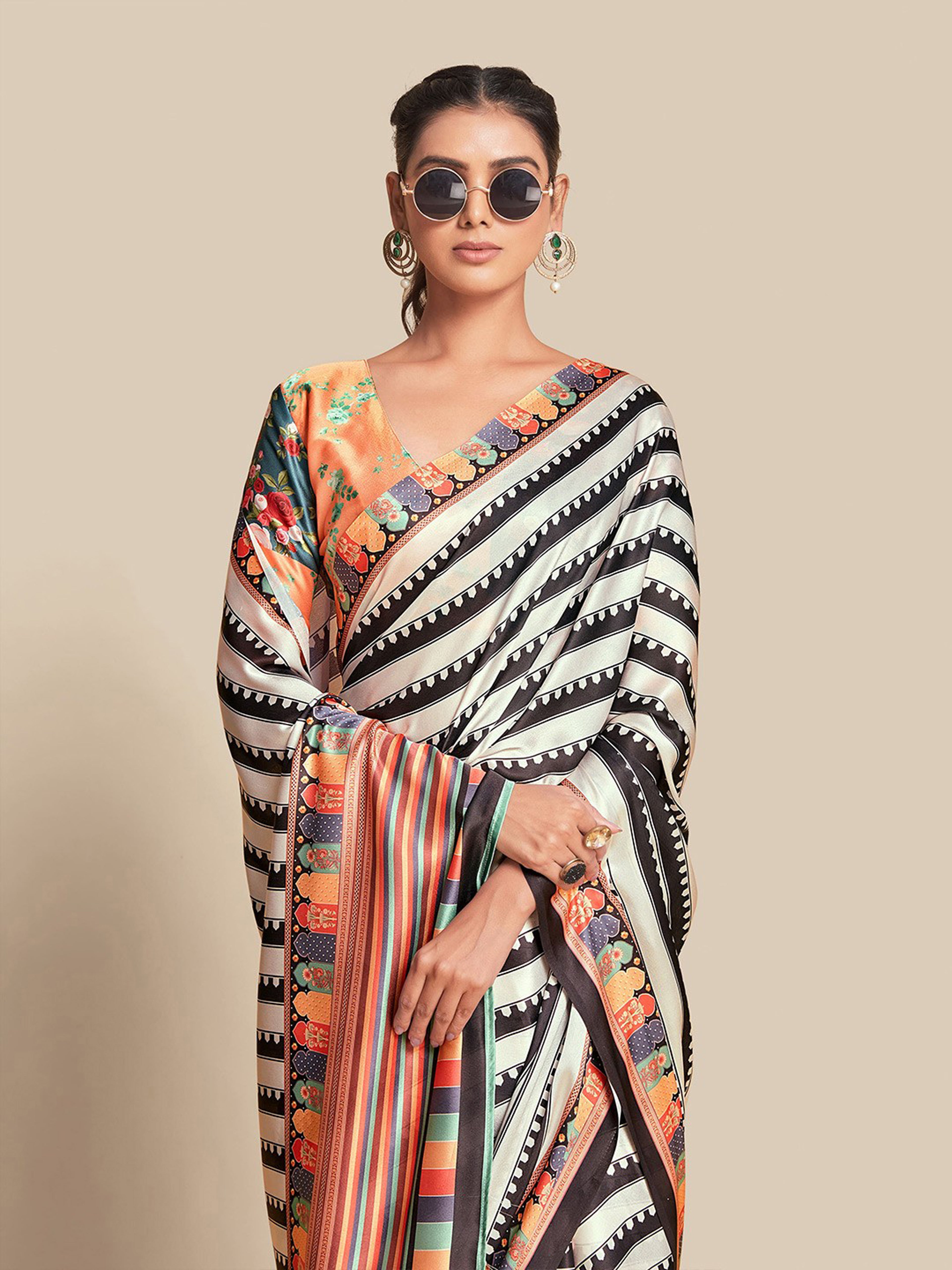 Midnight Black & Vibrant Orange Bright Moss Digital Printed Saree | Designer Contrast Blouse Couture Ensemble