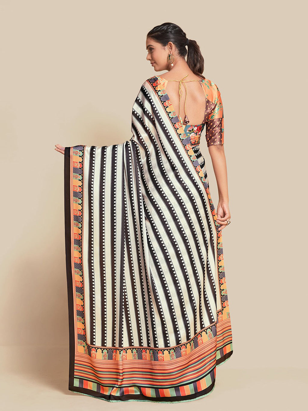 Midnight Black & Vibrant Orange Bright Moss Digital Printed Saree | Designer Contrast Blouse Couture Ensemble