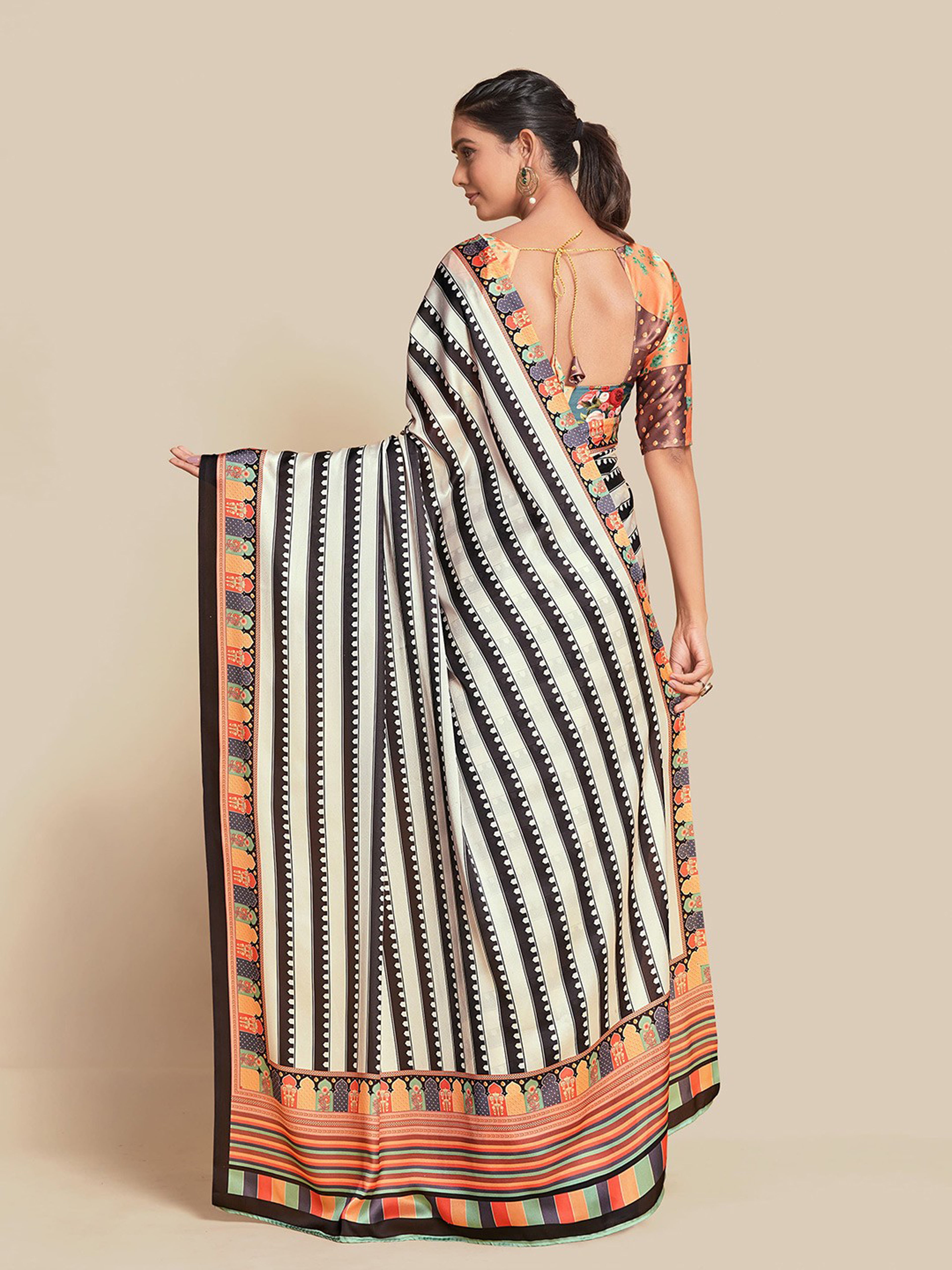 Midnight Black & Vibrant Orange Bright Moss Digital Printed Saree | Designer Contrast Blouse Couture Ensemble