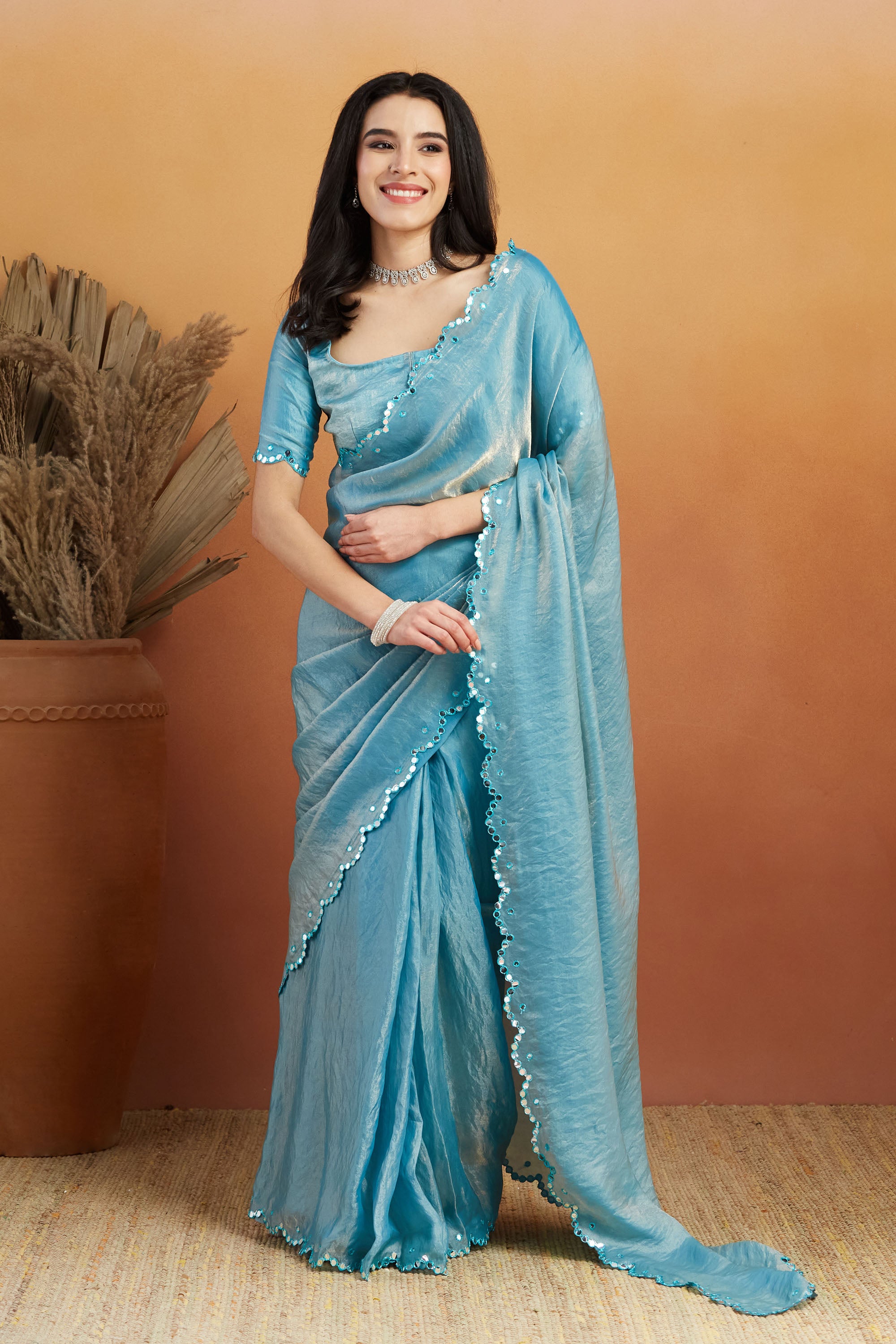 Sky Blue Satin Ready-to-Wear Saree | Designer Embroidery Work Border Couture