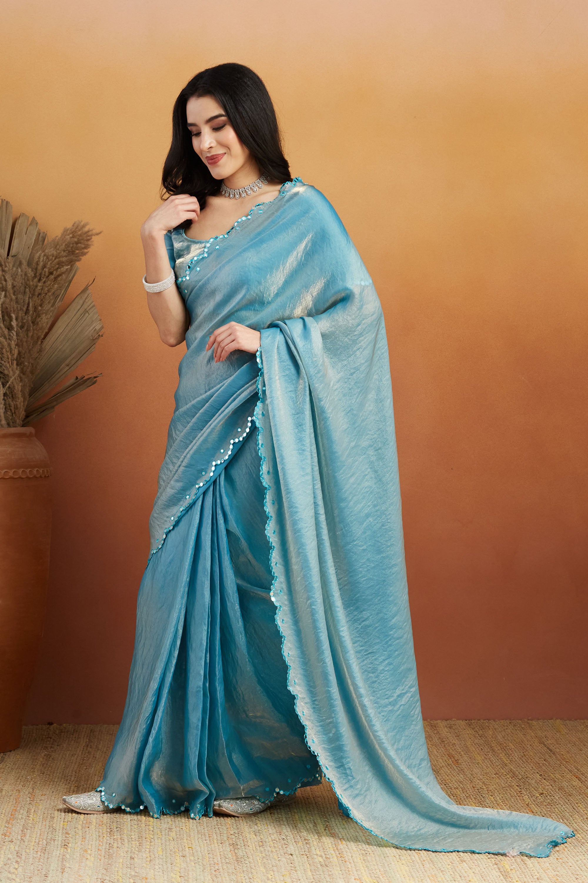 Sky Blue Satin Ready-to-Wear Saree | Designer Embroidery Work Border Couture