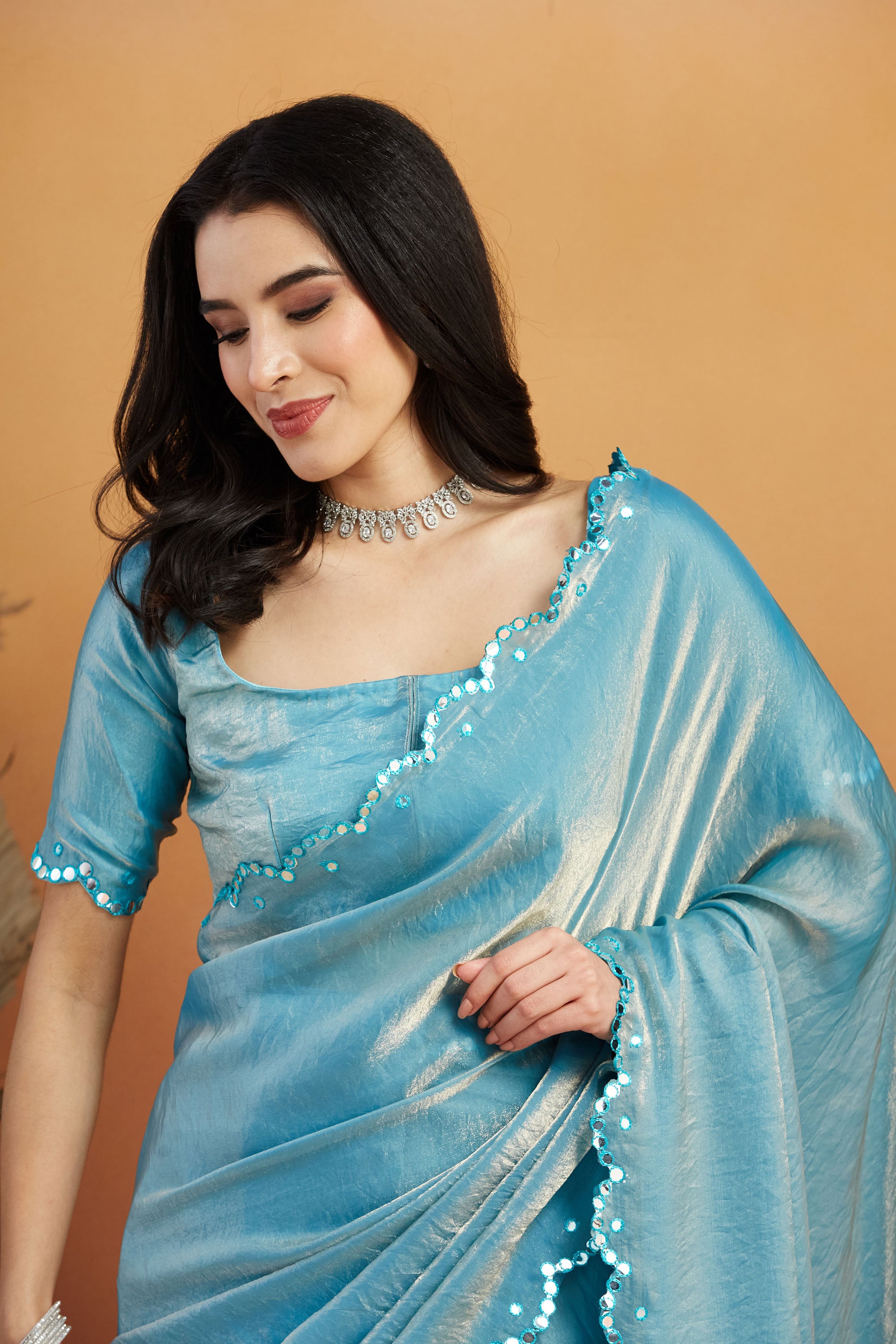 Sky Blue Satin Ready-to-Wear Saree | Designer Embroidery Work Border Couture