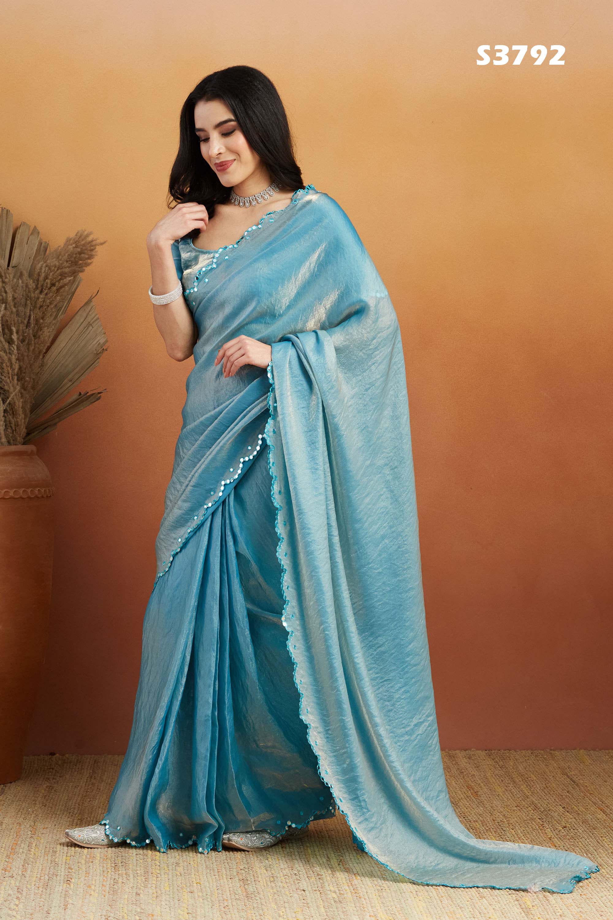 Sky Blue Satin Ready-to-Wear Saree | Designer Embroidery Work Border Couture