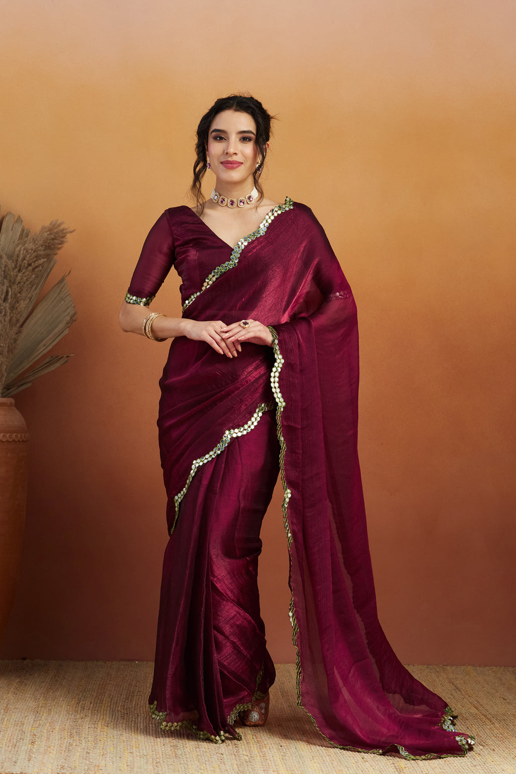 Royal Burgundy Satin Ready-to-Wear Saree | Designer Embroidery Work Border Couture