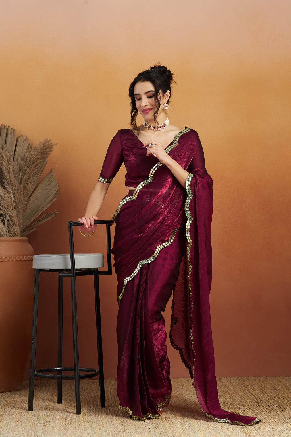 Royal Burgundy Satin Ready-to-Wear Saree | Designer Embroidery Work Border Couture