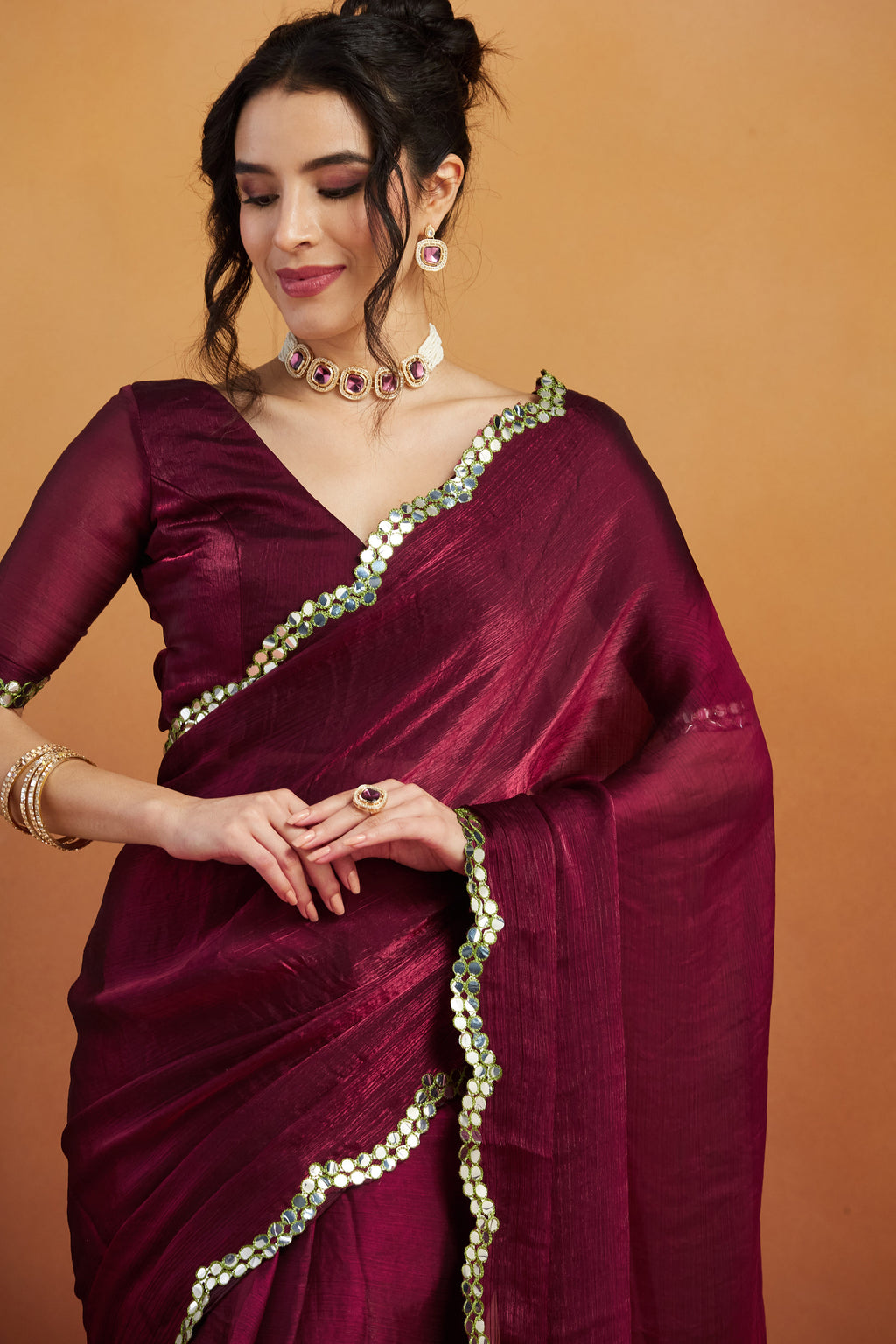 Royal Burgundy Satin Ready-to-Wear Saree | Designer Embroidery Work Border Couture