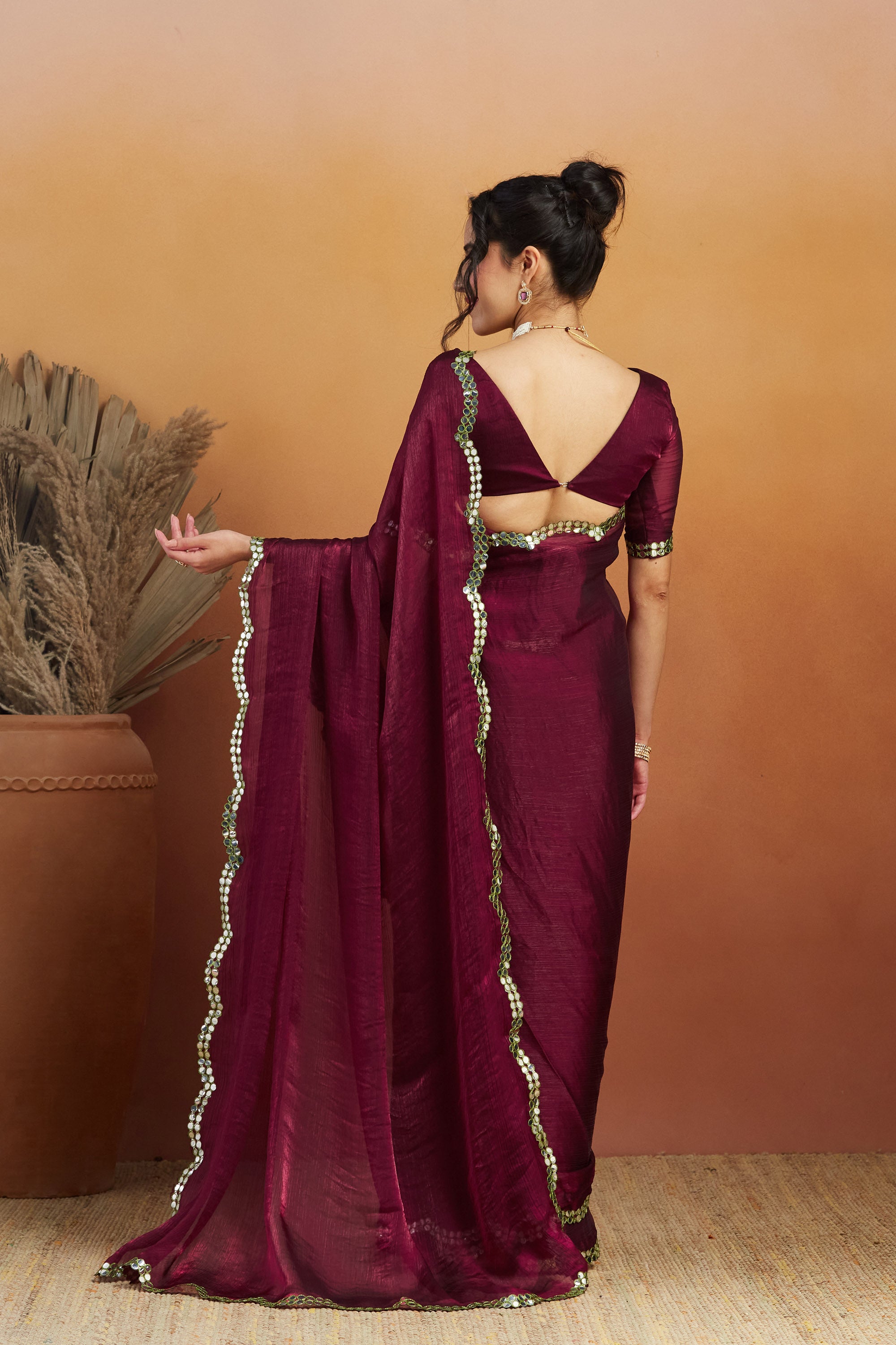 Royal Burgundy Satin Ready-to-Wear Saree | Designer Embroidery Work Border Couture