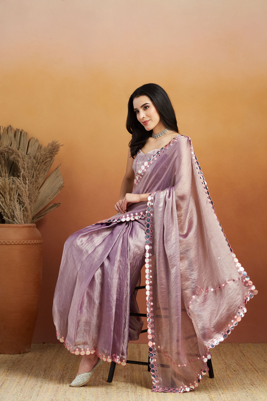 Elegant Lavender Satin Ready-to-Wear Saree | Designer Embroidery Work Border Couture