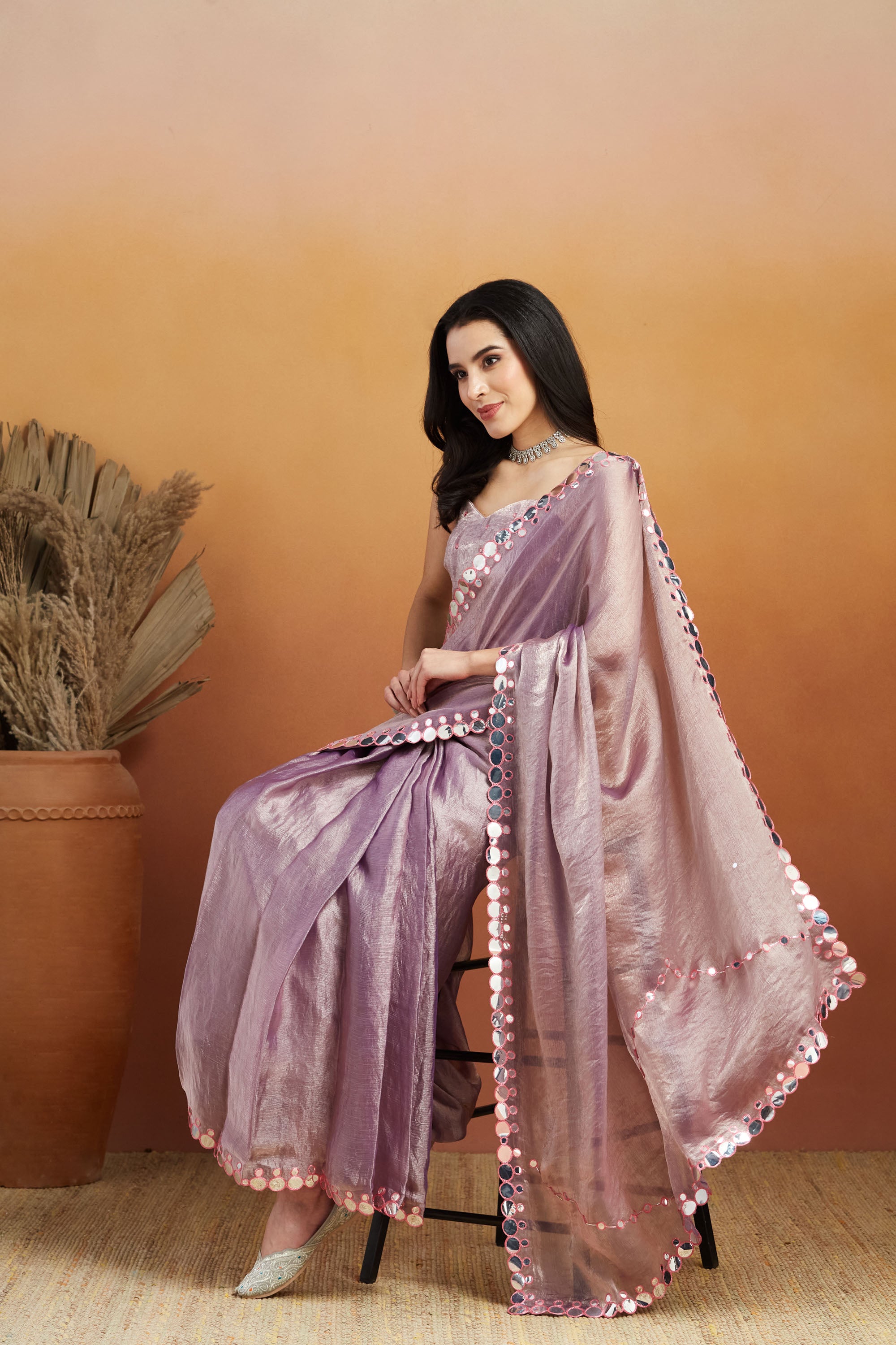 Elegant Lavender Satin Ready-to-Wear Saree | Designer Embroidery Work Border Couture