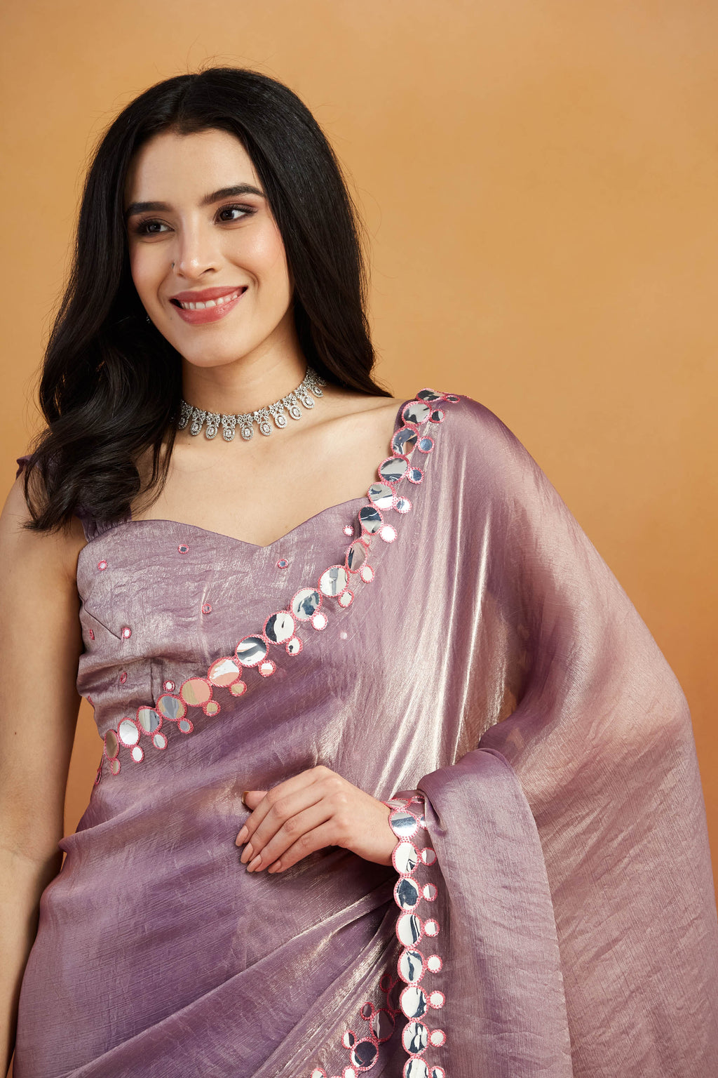 Elegant Lavender Satin Ready-to-Wear Saree | Designer Embroidery Work Border Couture