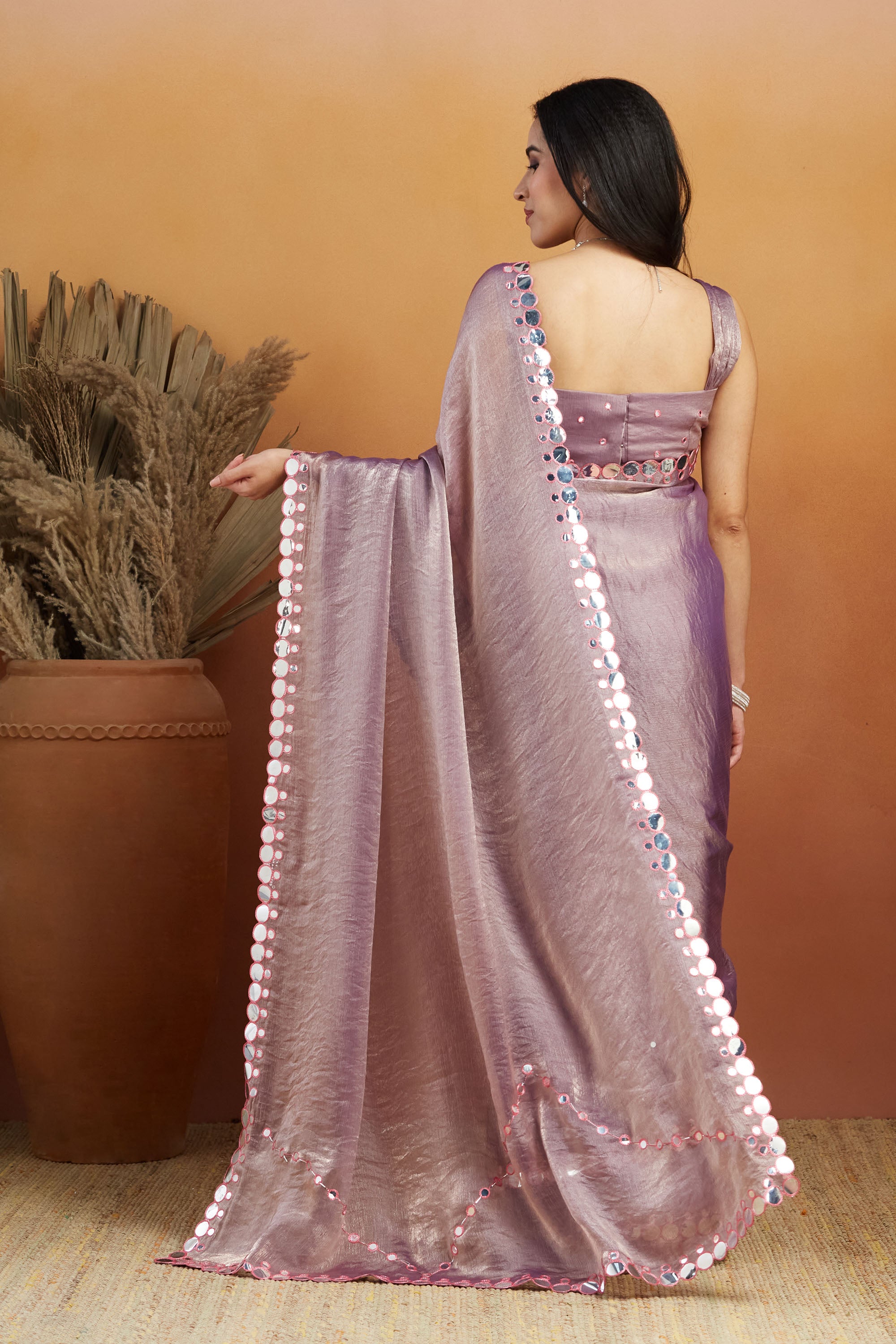Elegant Lavender Satin Ready-to-Wear Saree | Designer Embroidery Work Border Couture