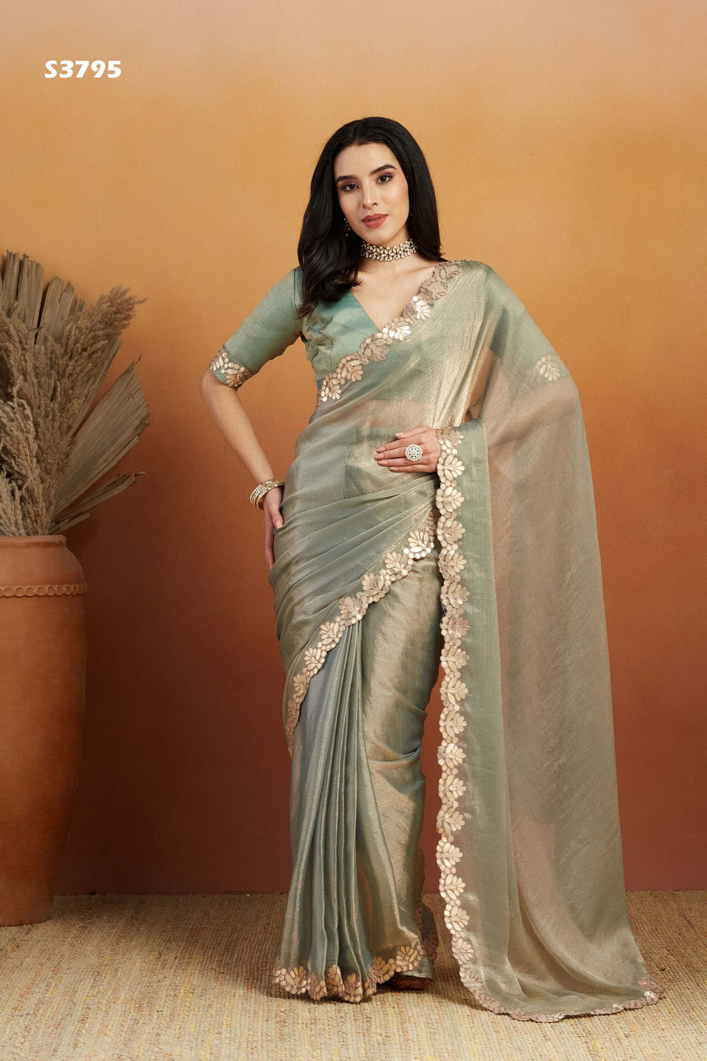 Fresh Pista Satin Ready-to-Wear Saree | Designer Embroidery Work Border Couture