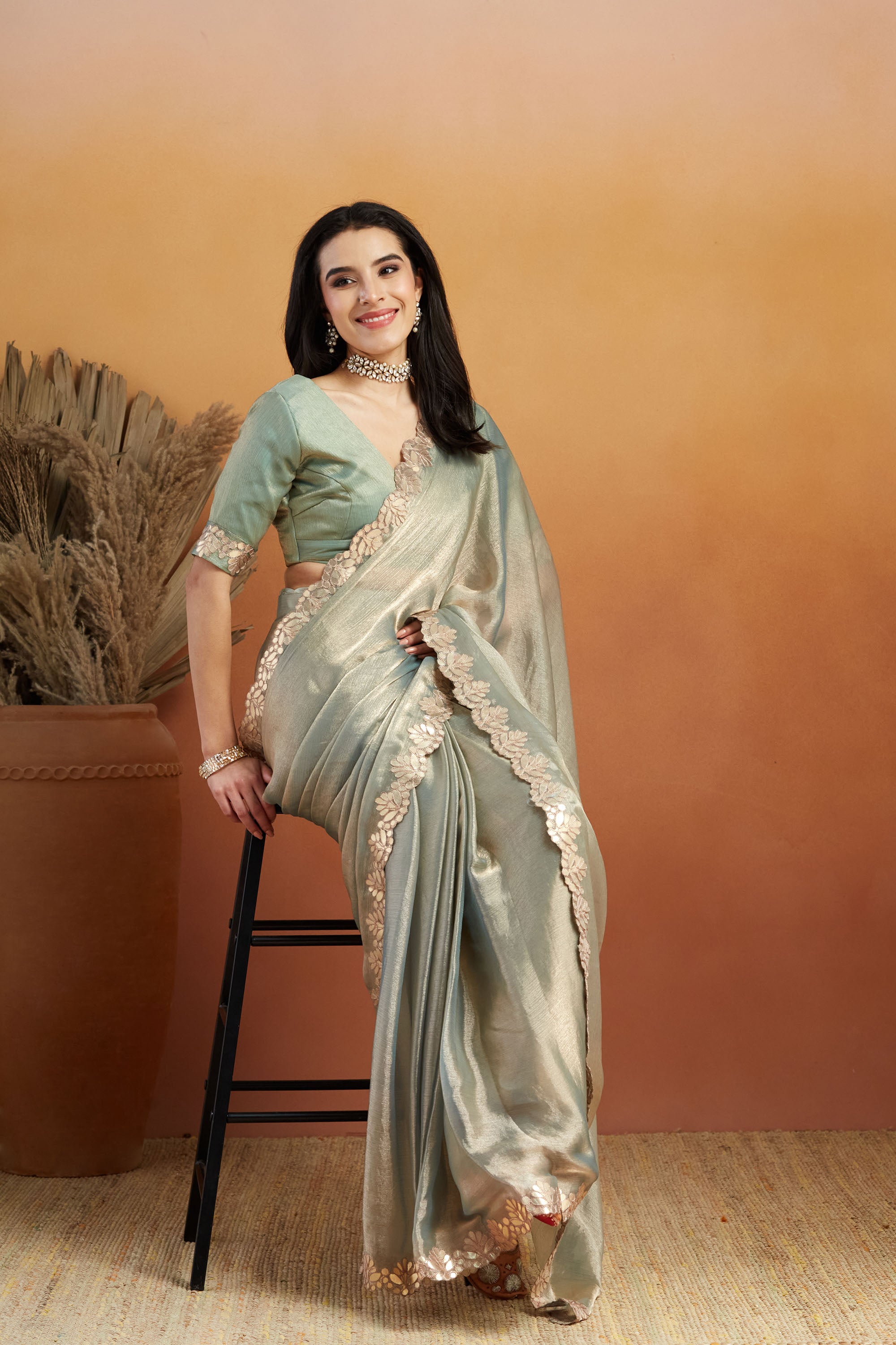 Fresh Pista Satin Ready-to-Wear Saree | Designer Embroidery Work Border Couture
