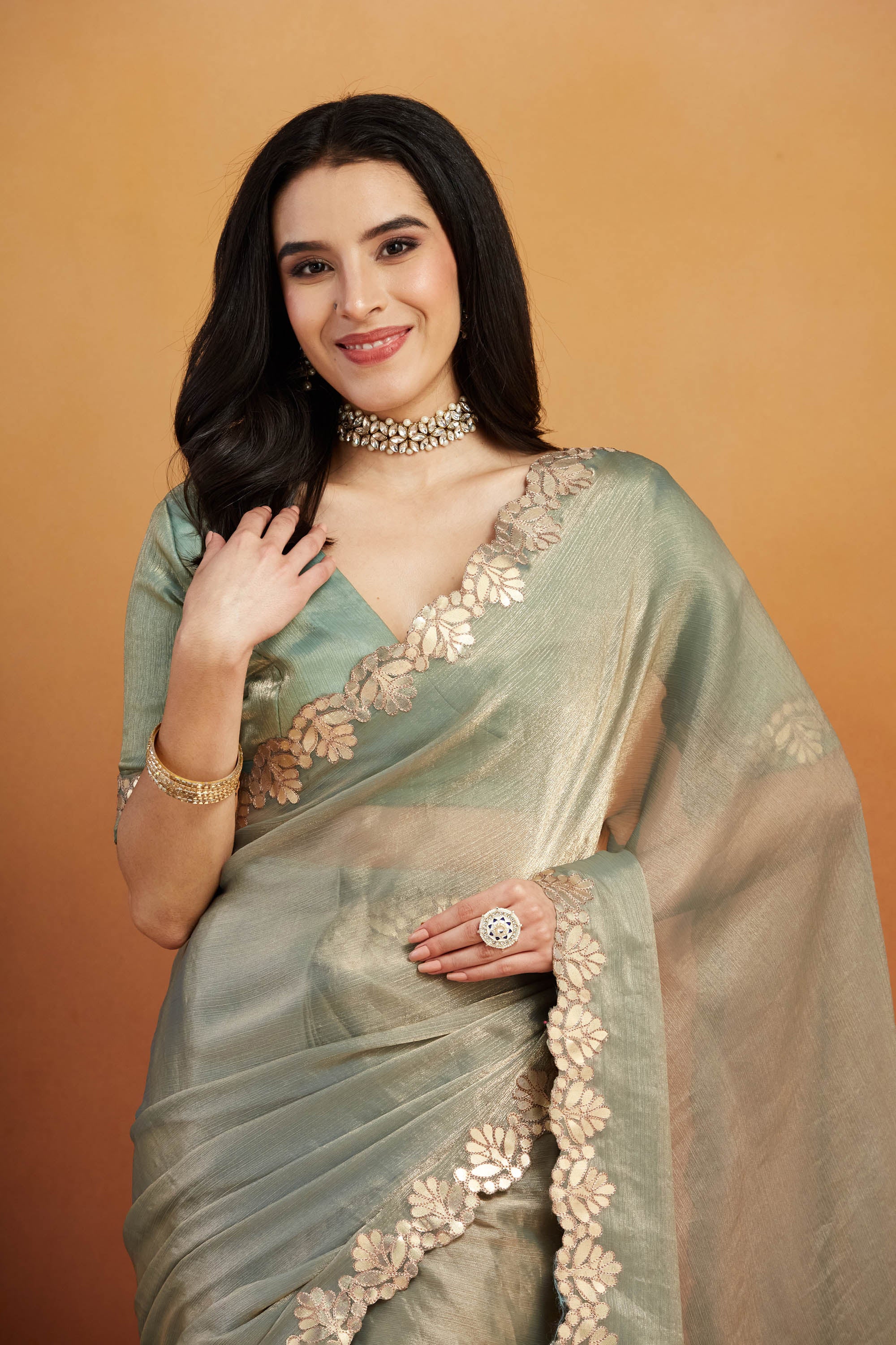 Fresh Pista Satin Ready-to-Wear Saree | Designer Embroidery Work Border Couture