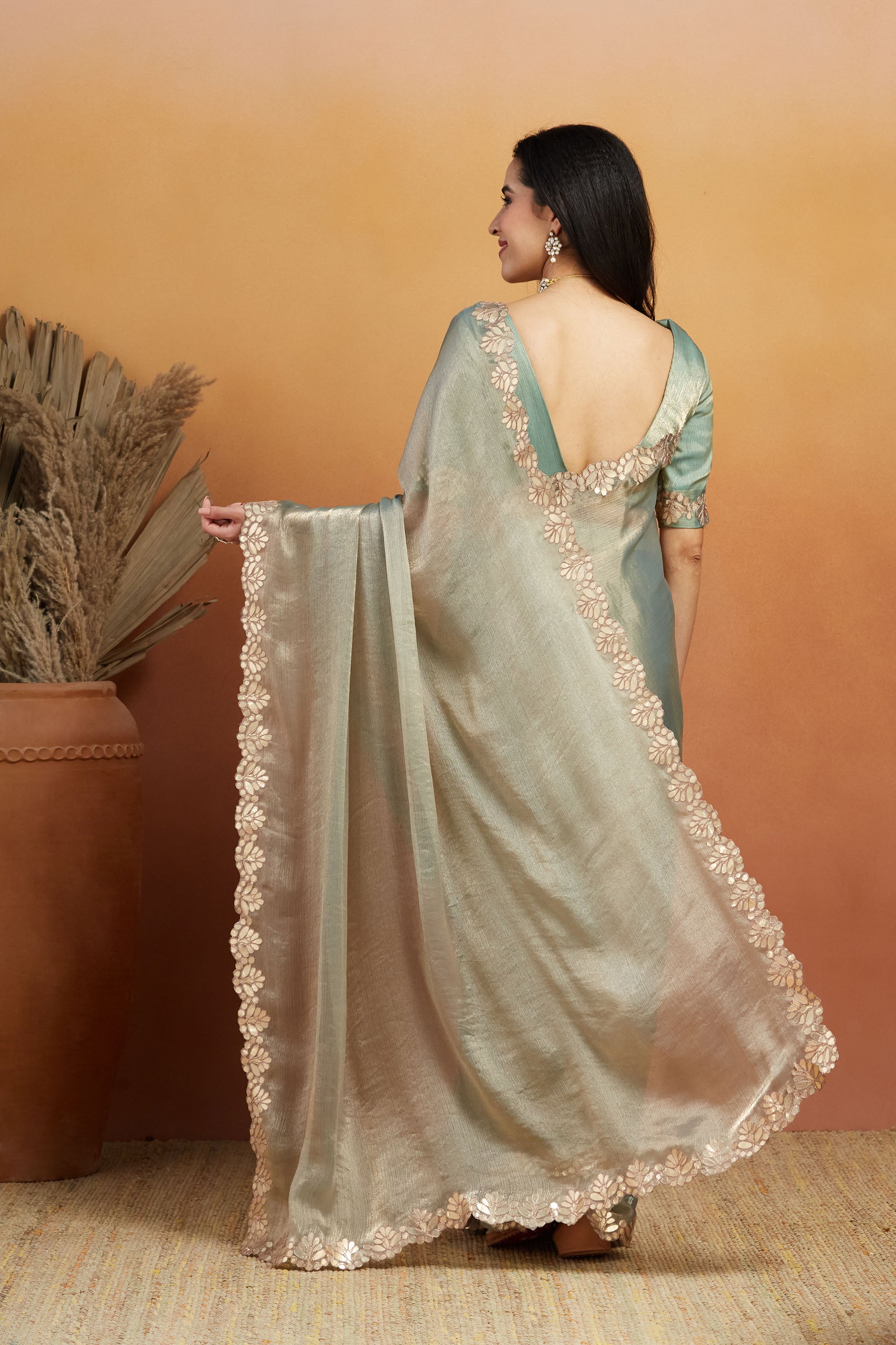 Fresh Pista Satin Ready-to-Wear Saree | Designer Embroidery Work Border Couture