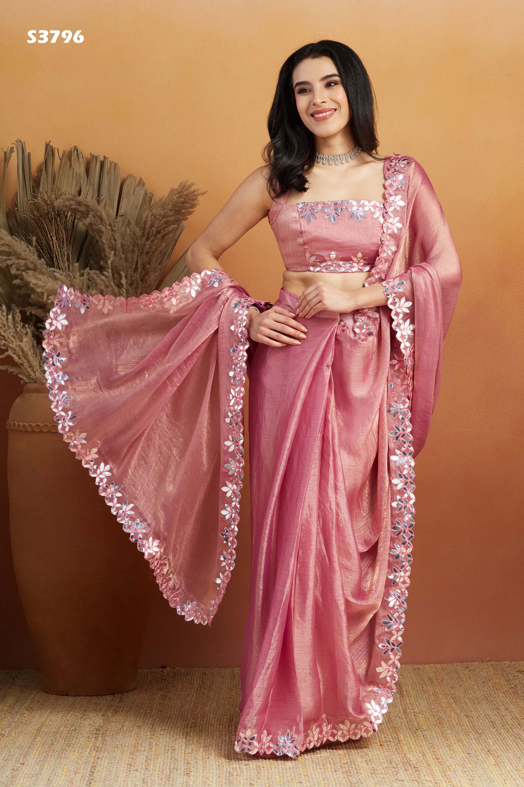 Soft Pink Satin Ready-to-Wear Saree | Designer Embroidery Work Border Couture