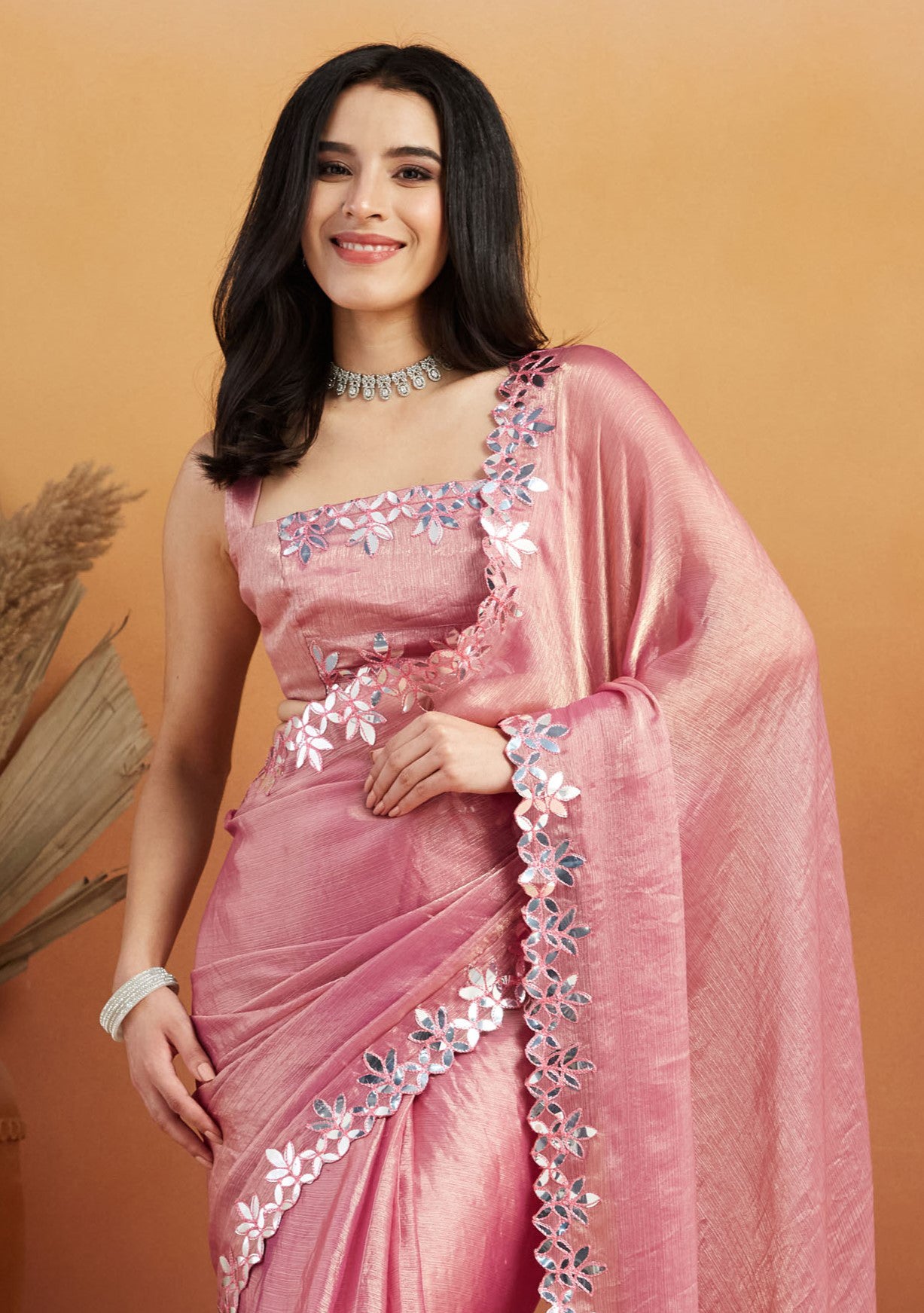 Soft Pink Satin Ready-to-Wear Saree | Designer Embroidery Work Border Couture