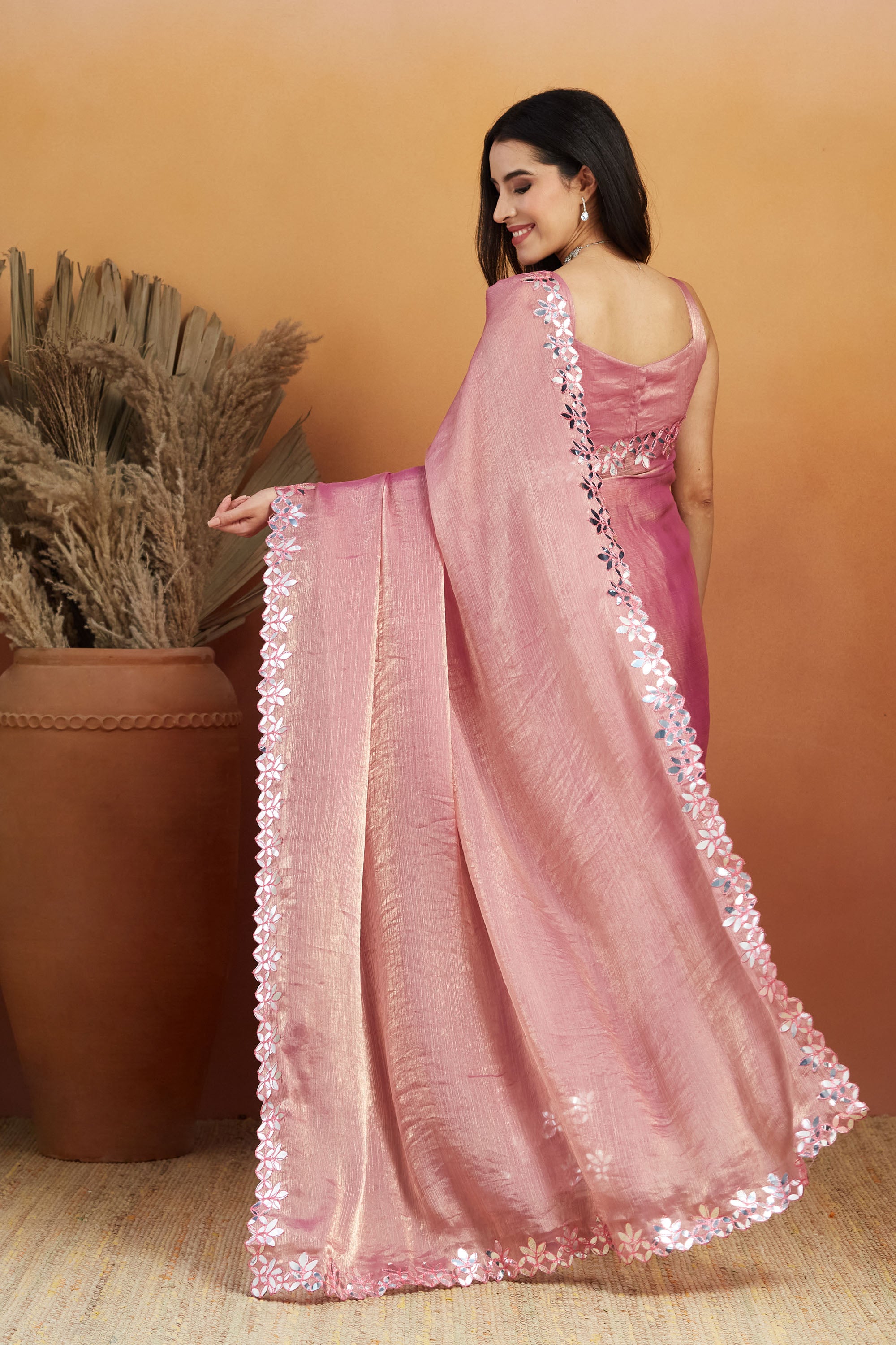 Soft Pink Satin Ready-to-Wear Saree | Designer Embroidery Work Border Couture