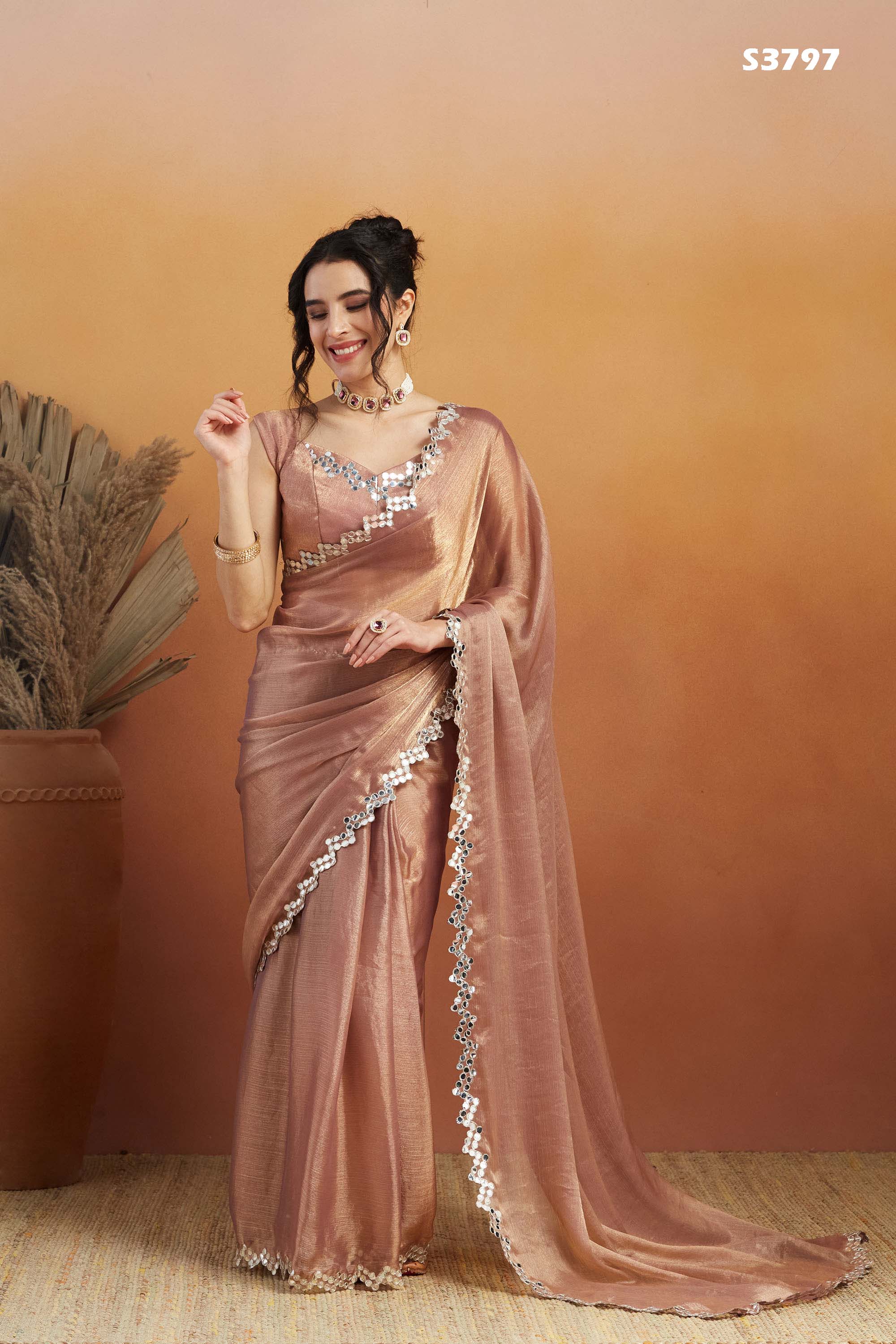 Soft Peach Satin Ready-to-Wear Saree | Designer Embroidery Work Border Couture