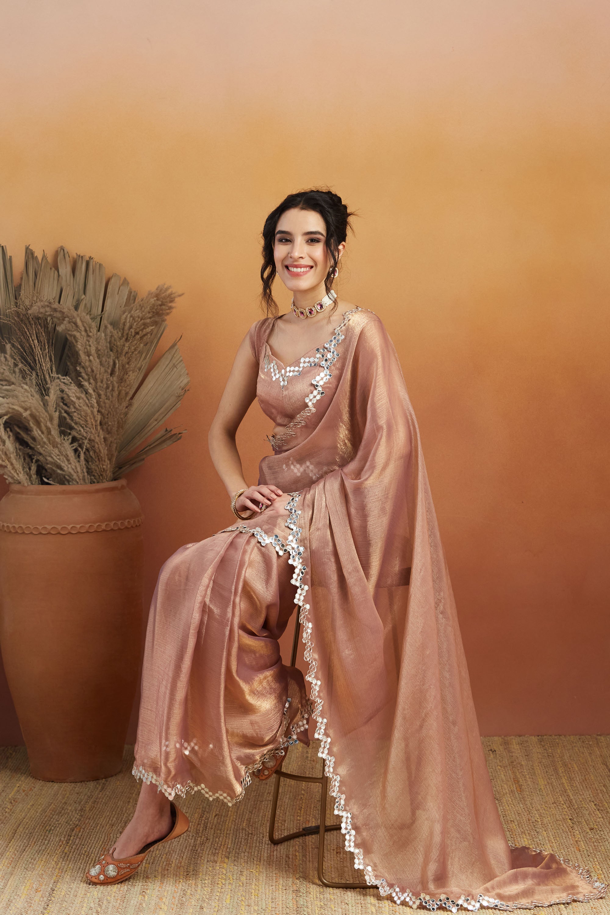 Soft Peach Satin Ready-to-Wear Saree | Designer Embroidery Work Border Couture