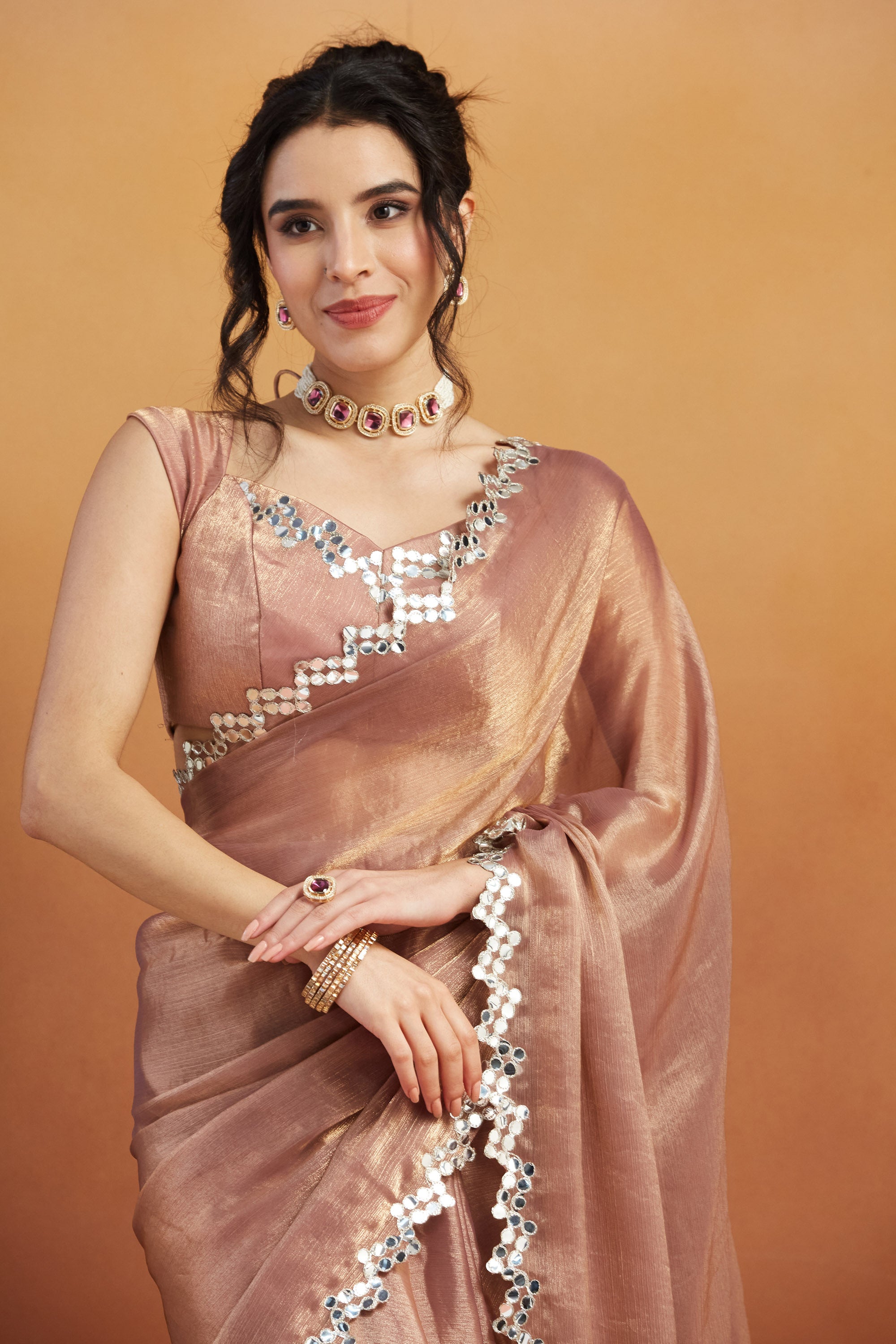 Soft Peach Satin Ready-to-Wear Saree | Designer Embroidery Work Border Couture